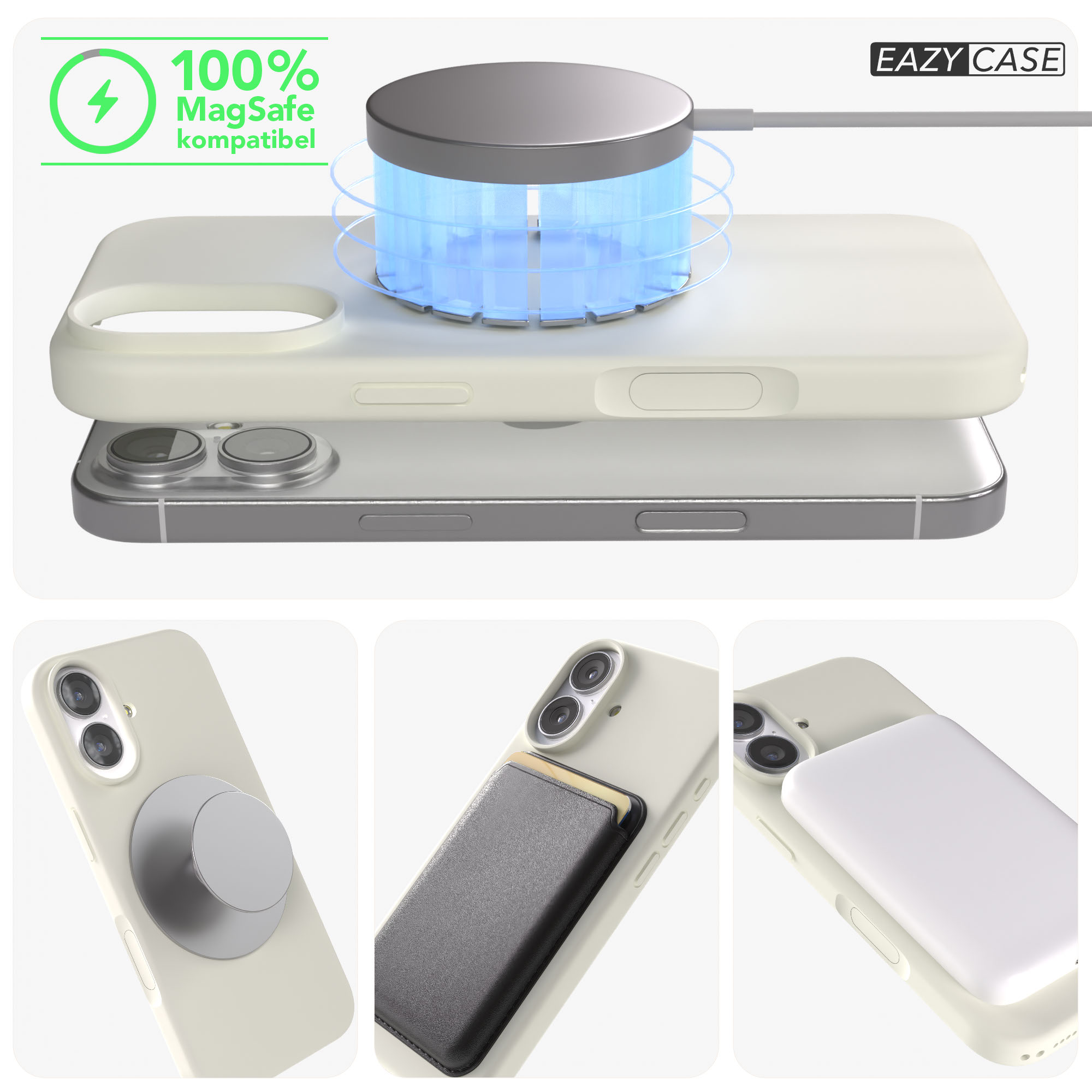 Ein beige Handyhülle mit MagSafe-Ladegerät, Kartenhalter und Powerbank.