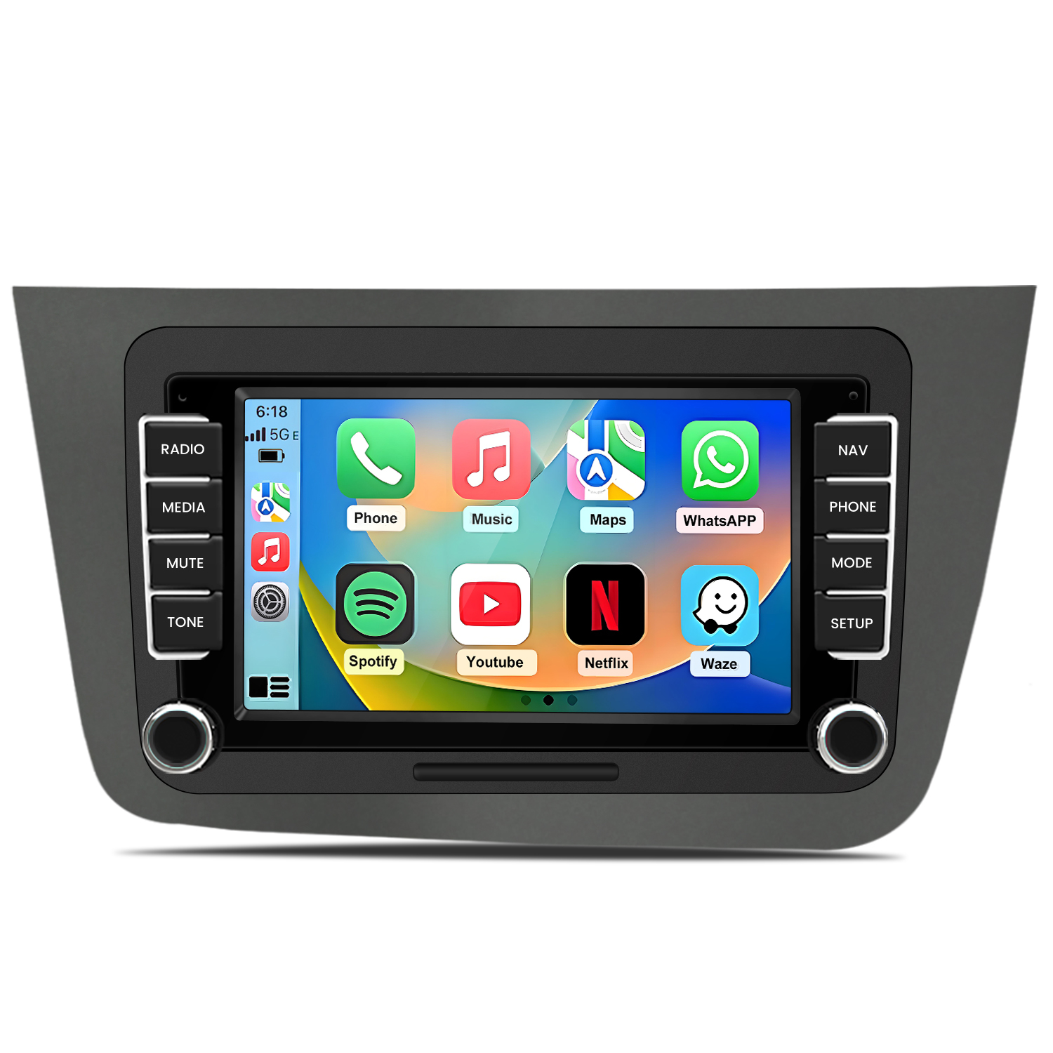 Auto-Infotainment-Bildschirm zeigt Telefon, Musik, Karten, WhatsApp, Spotify, YouTube, Netflix, Waze.