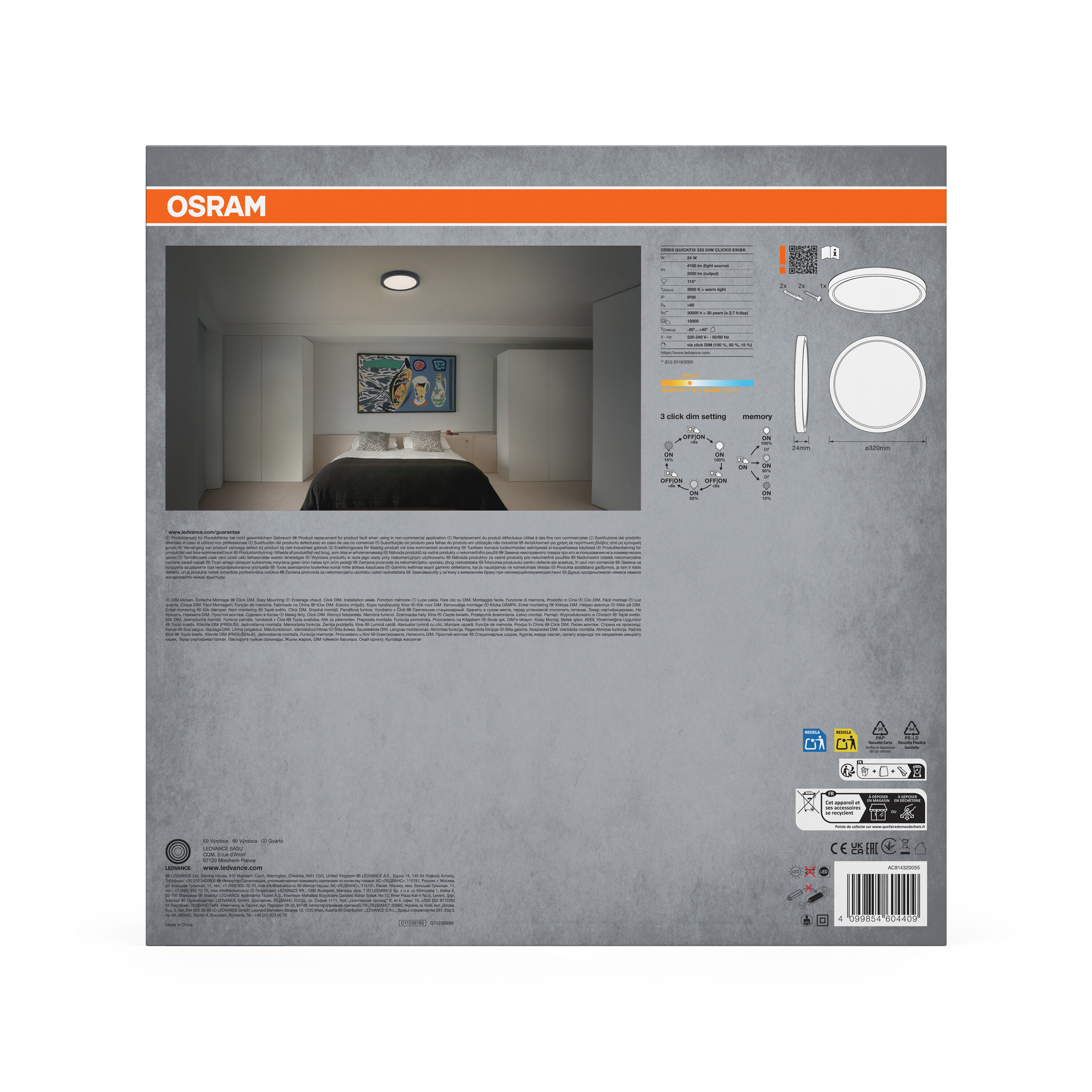 OSRAM Verpackung zeigt eine Deckenleuchte, technische Details und Montageanleitung.