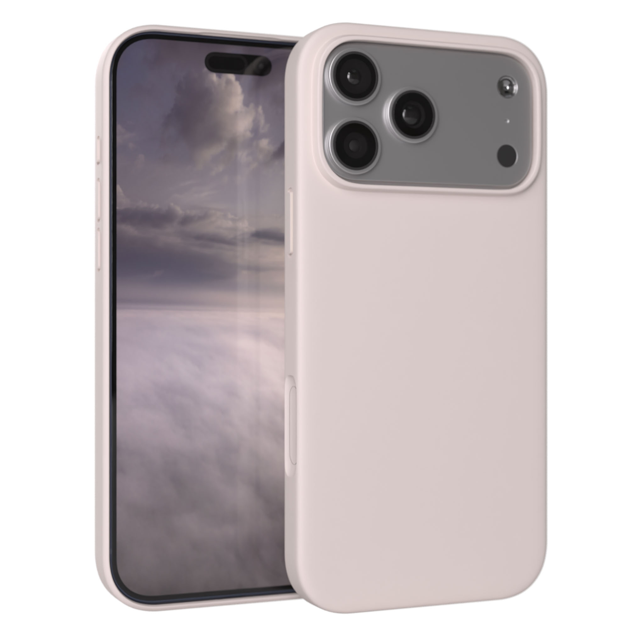 Ein hellrosa Handyhülle bedeckt ein Smartphone mit Wolkenhintergrund.