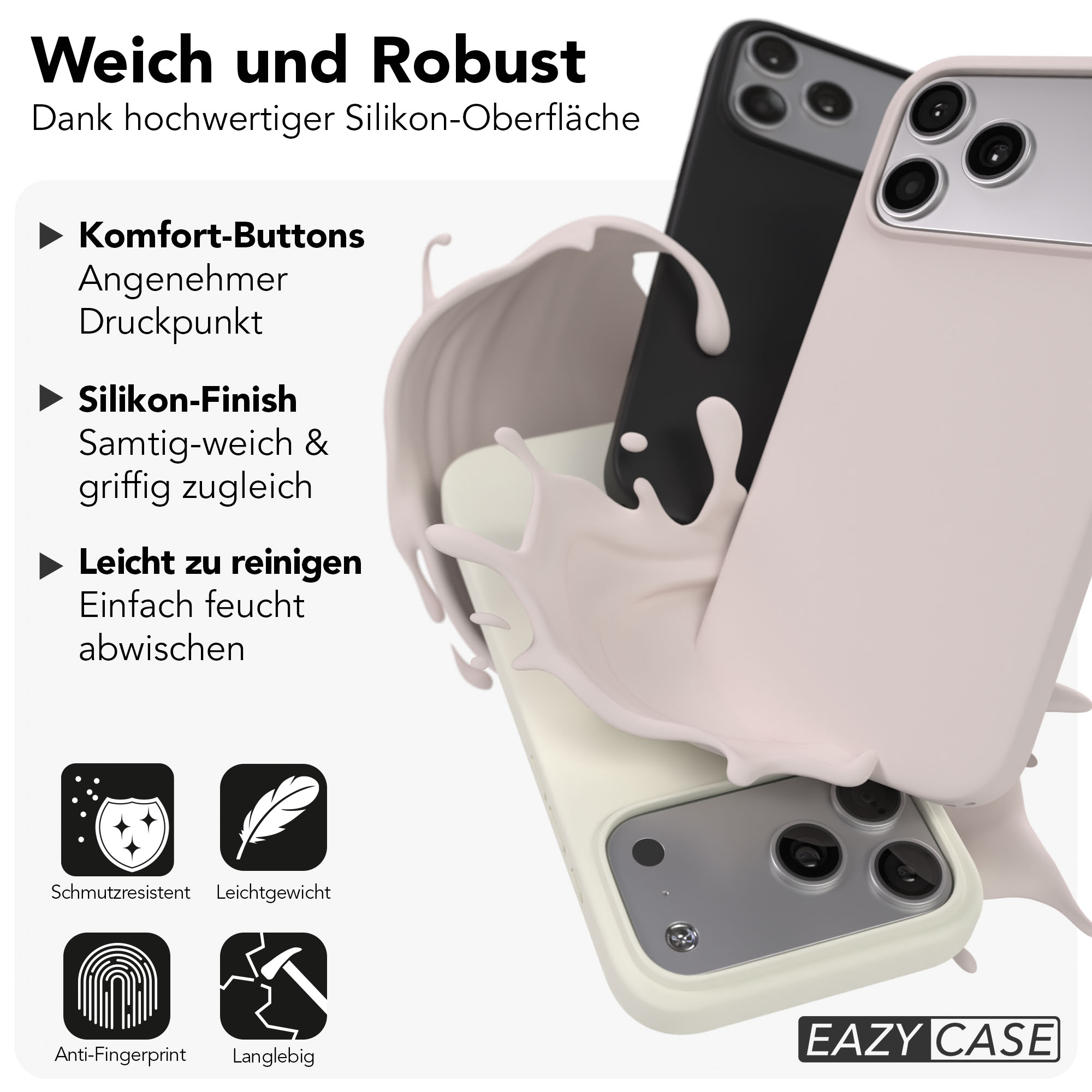 Drei iPhone Hüllen in schwarz, weiß und beige, umgeben von einer cremigen Flüssigkeit.