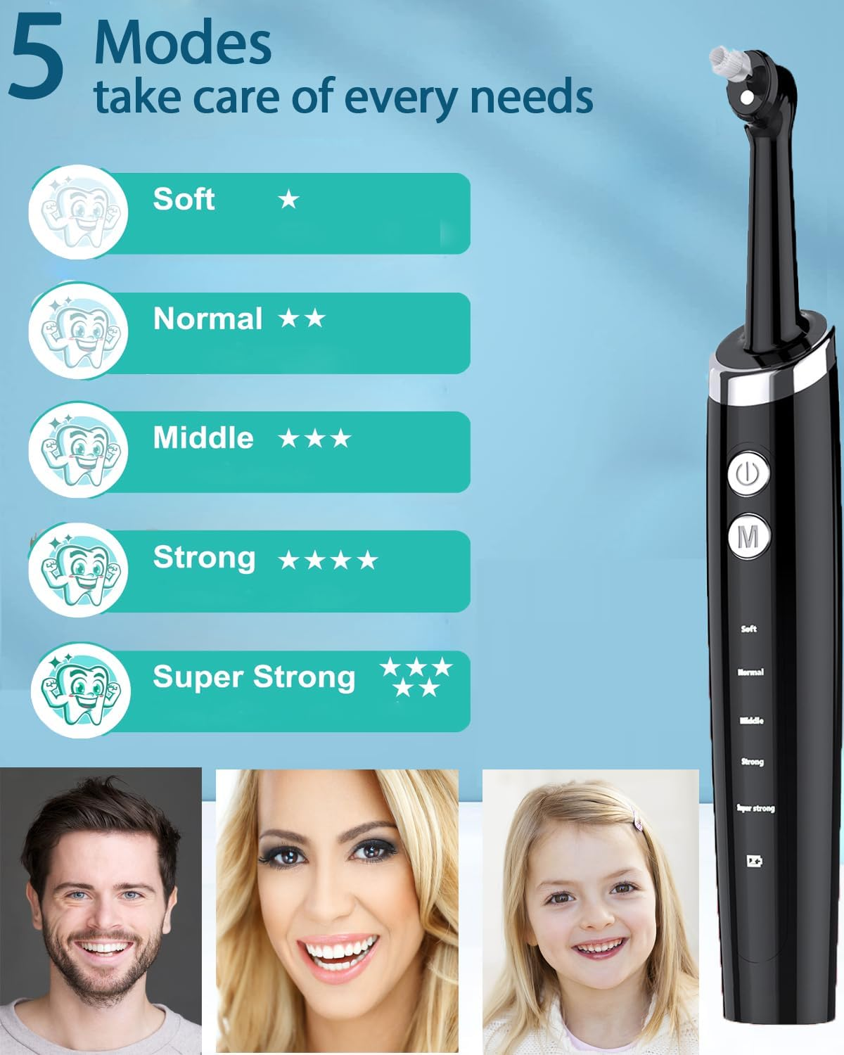 Elektrische Zahnbürste mit 5 Modi: Soft, Normal, Middle, Strong, Super Strong.