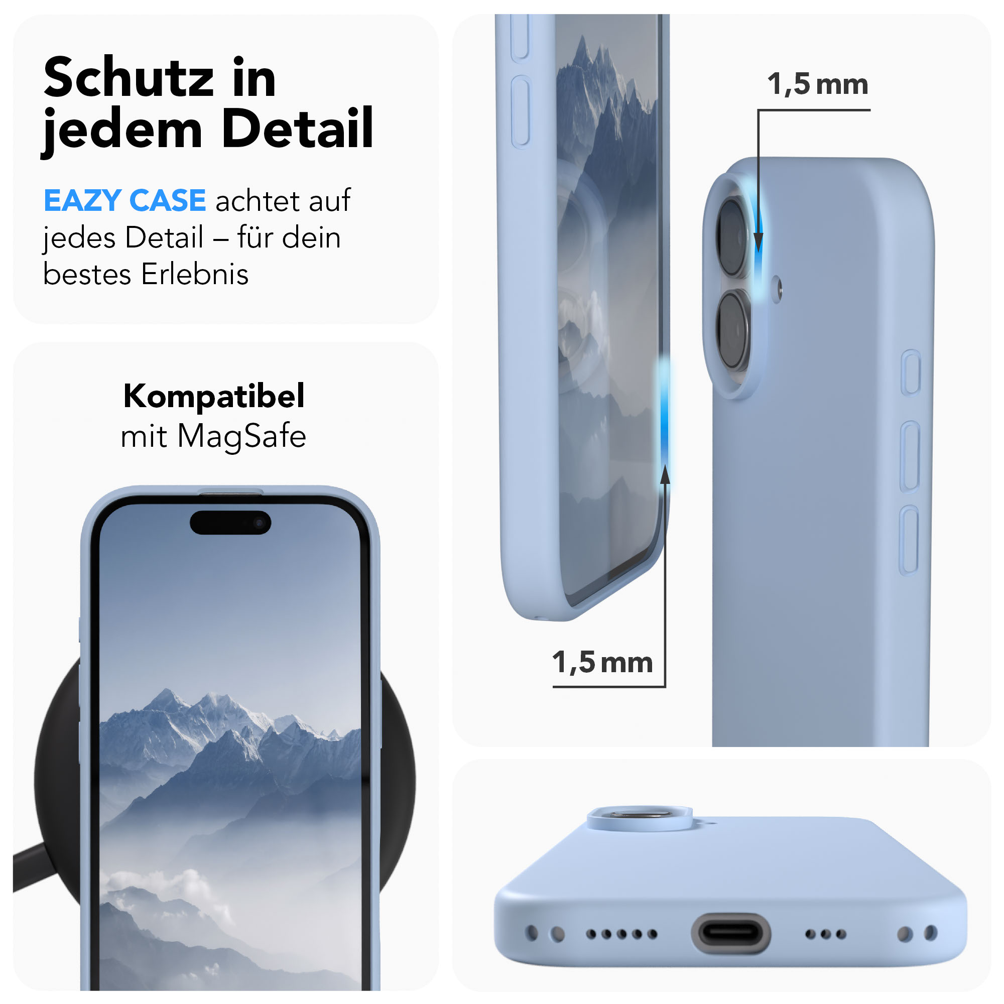 Eine hellblaue Handyhülle schützt das Telefon mit 1,5 mm Rand.