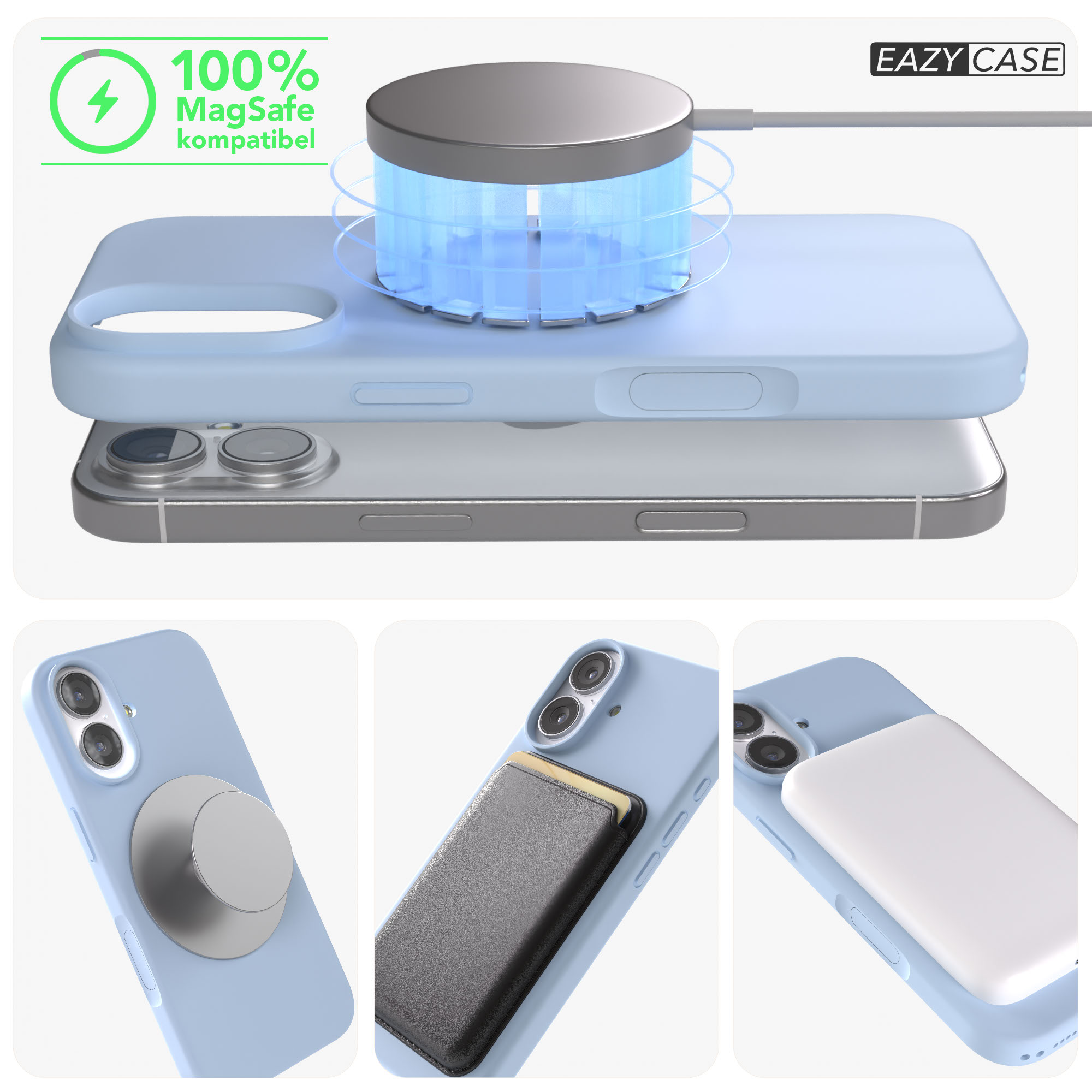 Ein blaues iPhone mit MagSafe-Ladegerät, Hülle, Kartenhalter & Powerbank.
