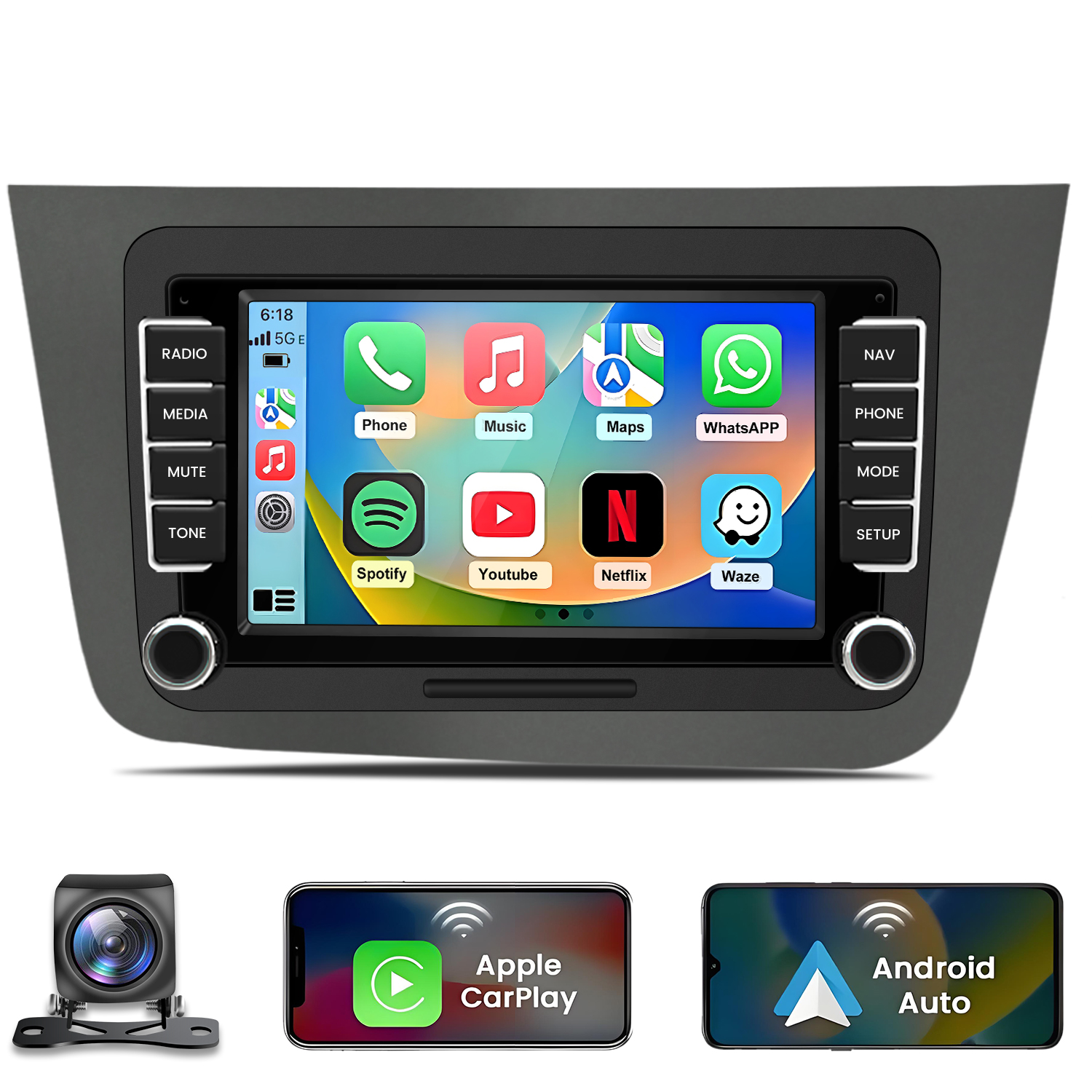 Autoradio-Touchscreen zeigt Apps wie Telefon, Musik, Karten, WhatsApp, Spotify, YouTube, Netflix und Waze.