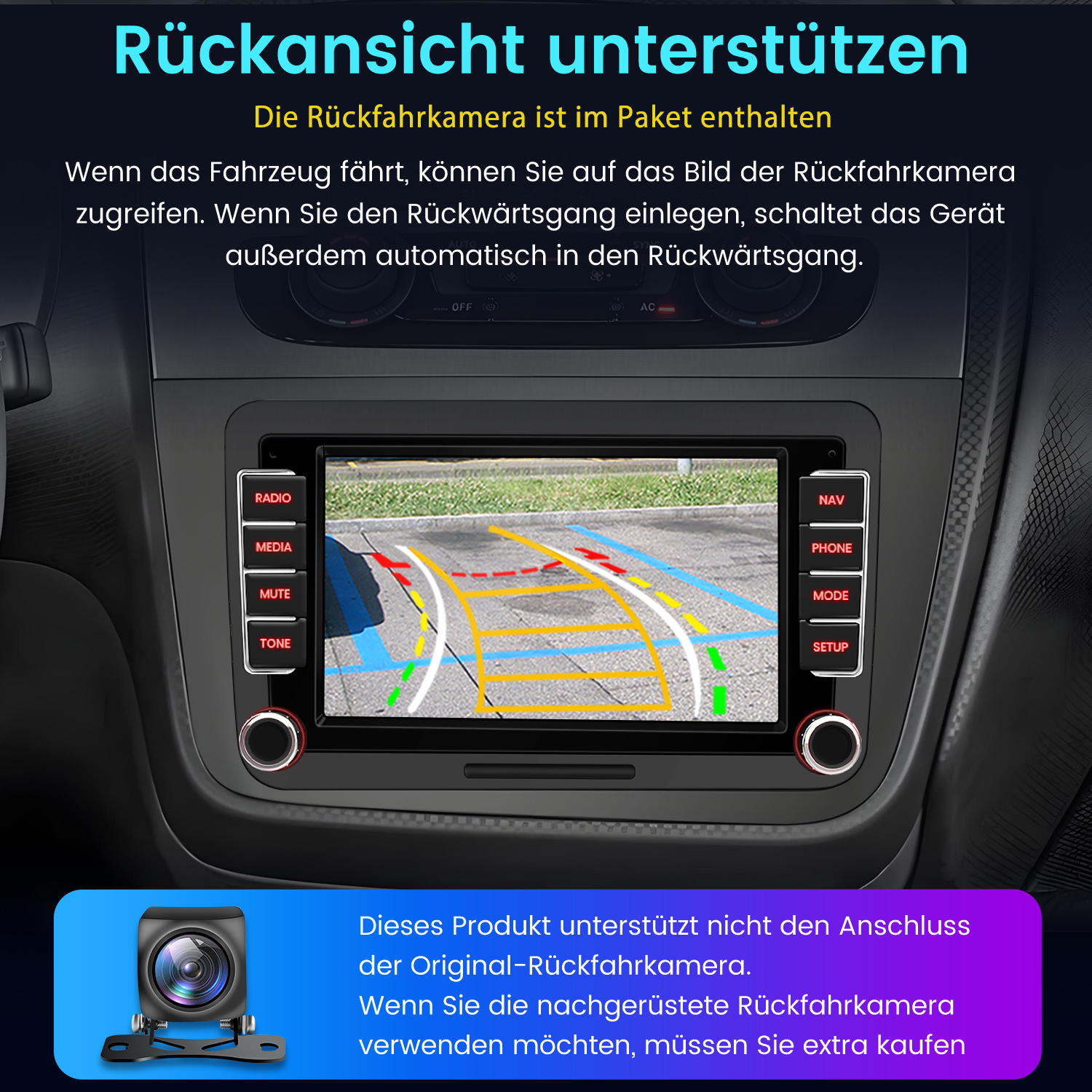 Auto-Rückfahrkamera-Display mit Parklinien und kleiner Kamera.
