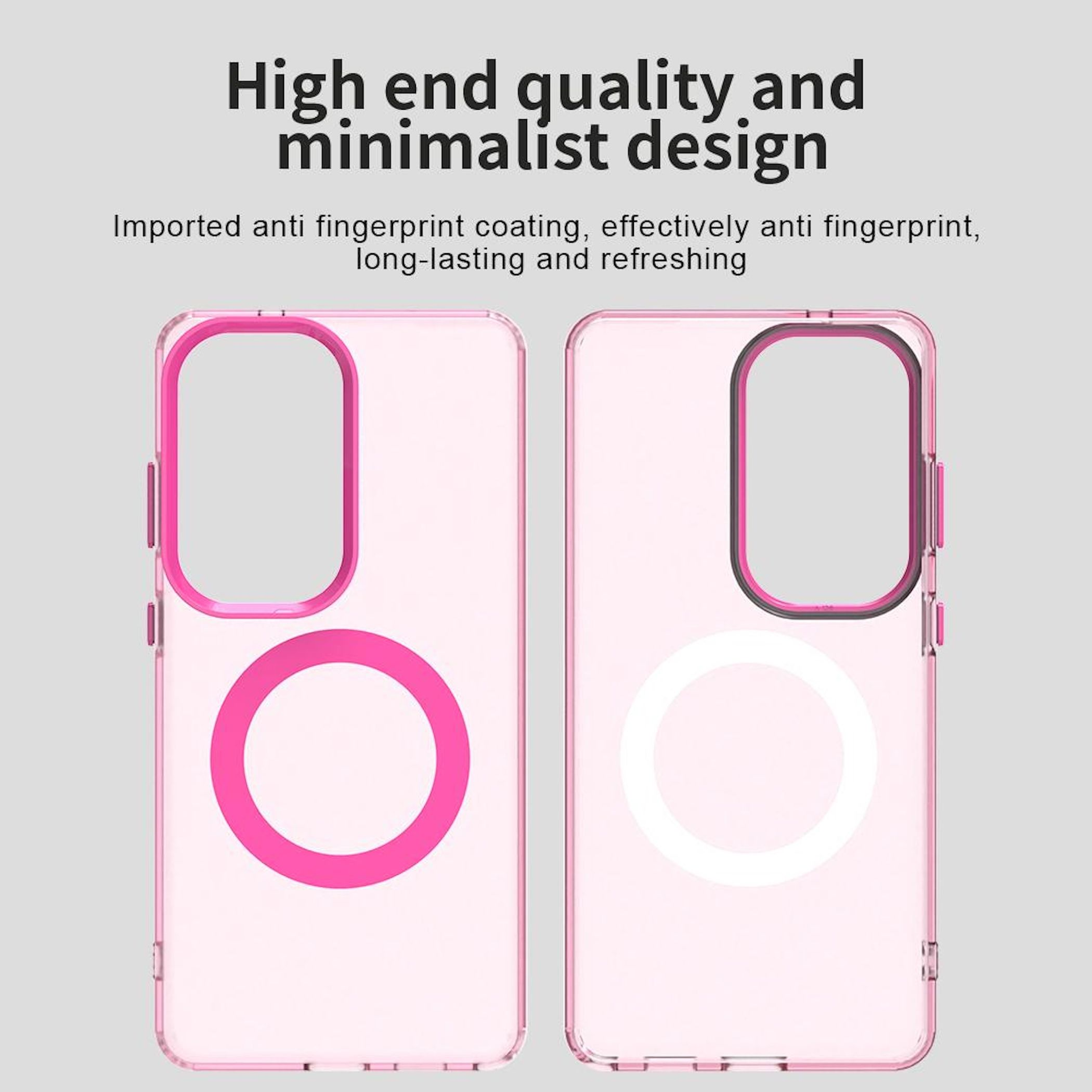 Zwei pinke Handyhüllen mit Kameraaussparungen und runden Magnetringen.