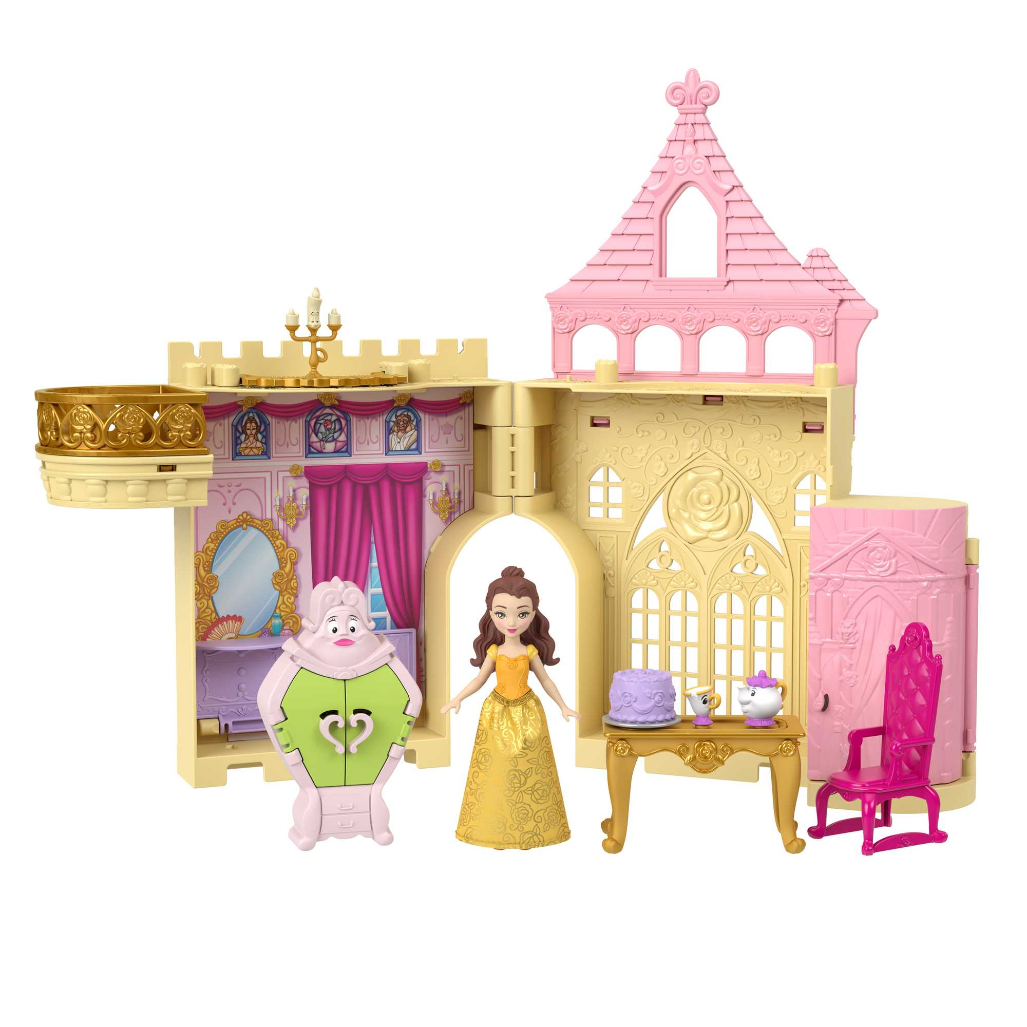 Ein Spielzeugschloss mit Prinzessinnenfiguren, einem Schrank, Tisch und Stuhl.