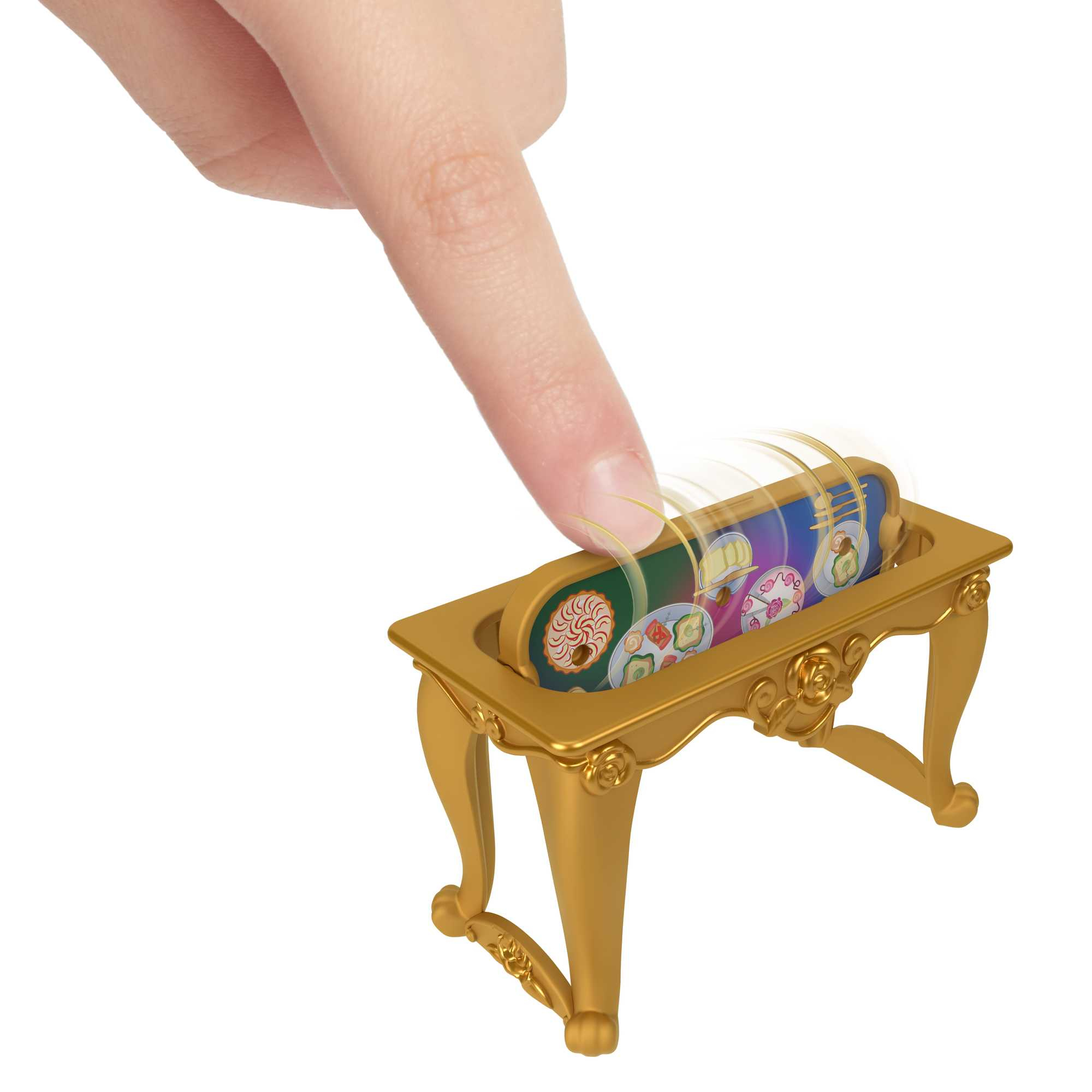 Ein Finger drückt auf einen goldenen Tisch, der eine sich drehende Platte mit Essen zeigt.