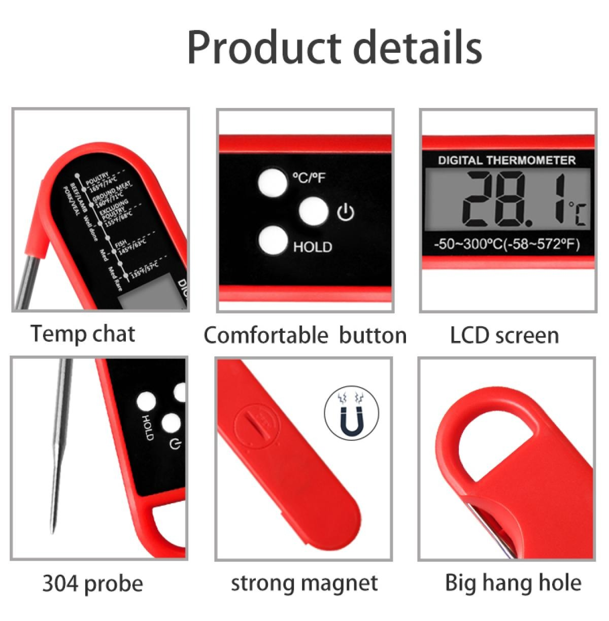 Produktbilder: Fleischthermometer mit Temperaturtabelle, Tasten, LCD, Sonde, Magnet und Aufhängeloch.