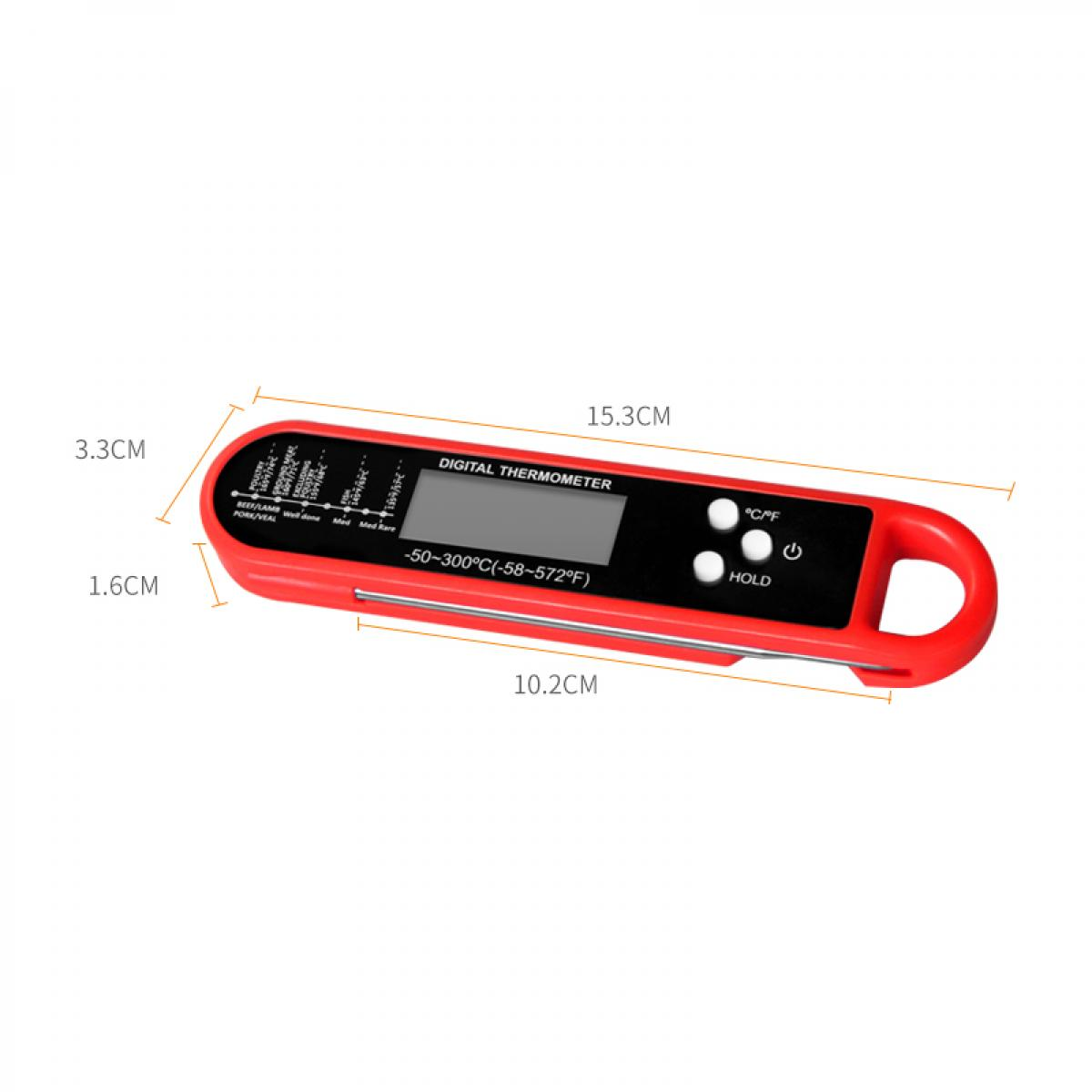 Ein rotes Digitalthermometer mit LCD-Anzeige und Edelstahlsonden.