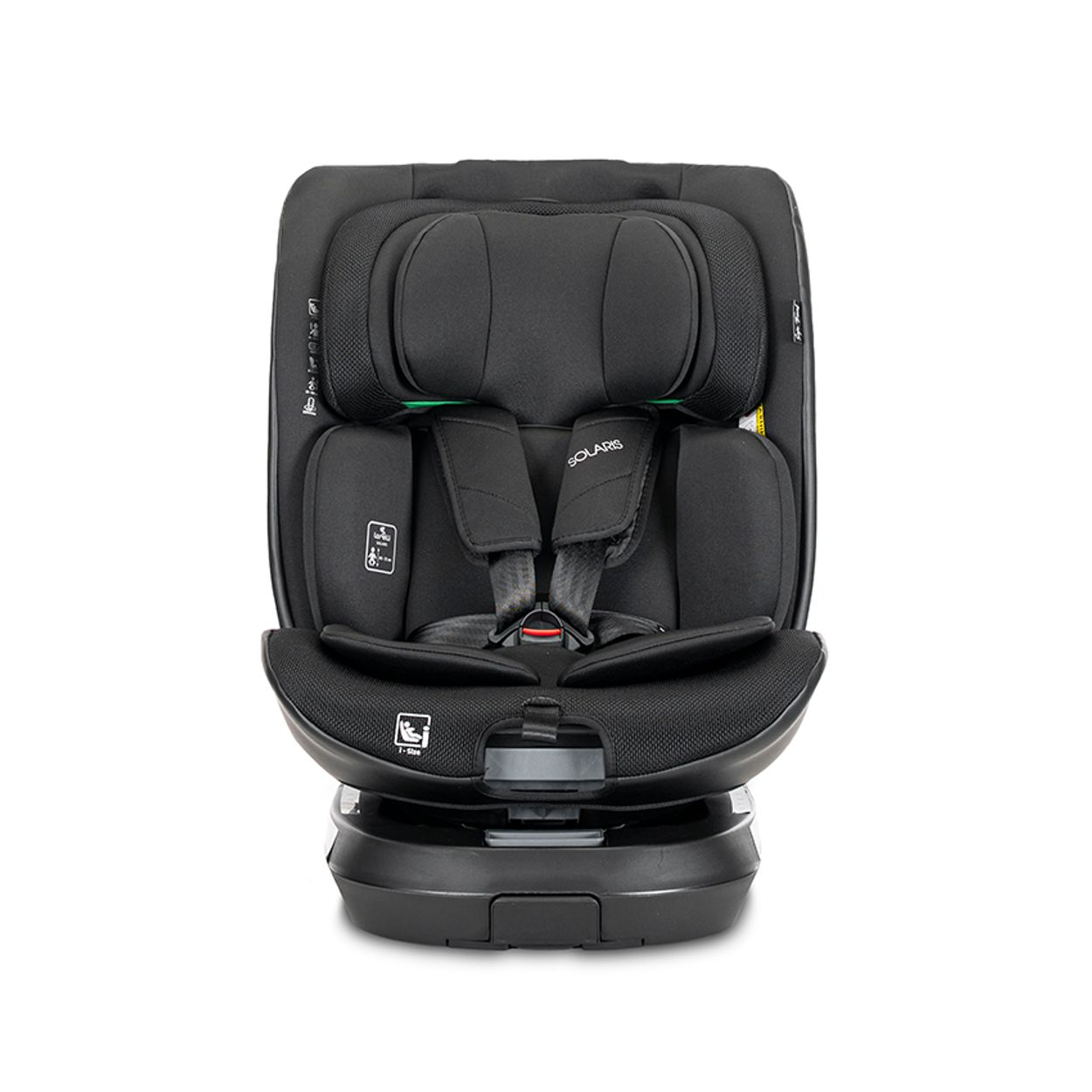 Schwarzer Kindersitz mit 5-Punkt-Gurt, verstellbarer Kopfstütze und Isofix-Basis.