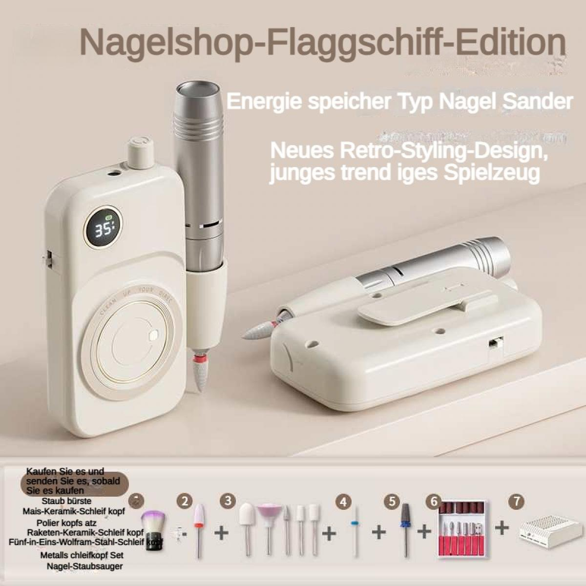 Ein Nagelschleifer-Set mit Handstück, Basis und Zubehörteilen.