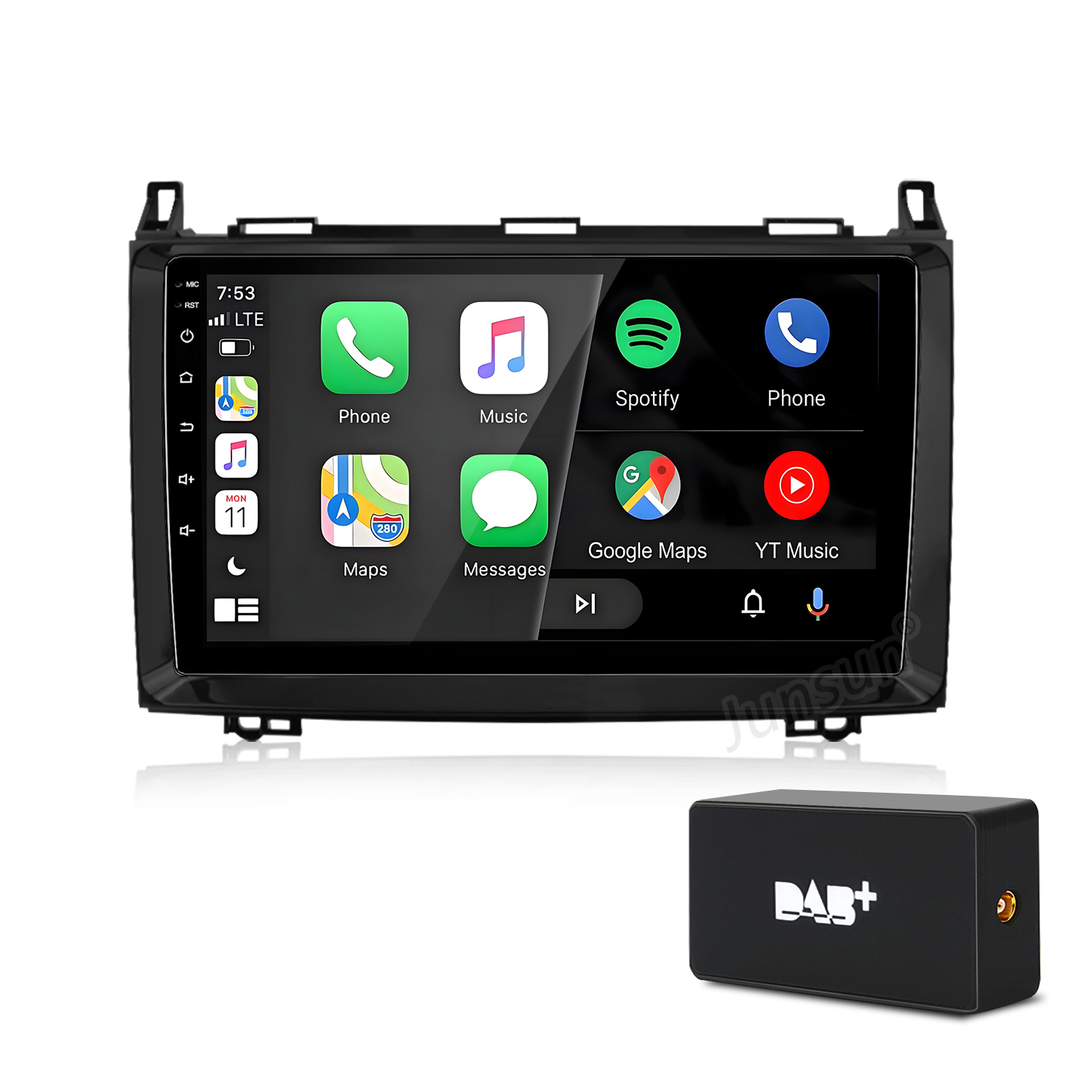 Ein Autoradio-Touchscreen mit App-Symbolen und ein DAB+-Empfänger.