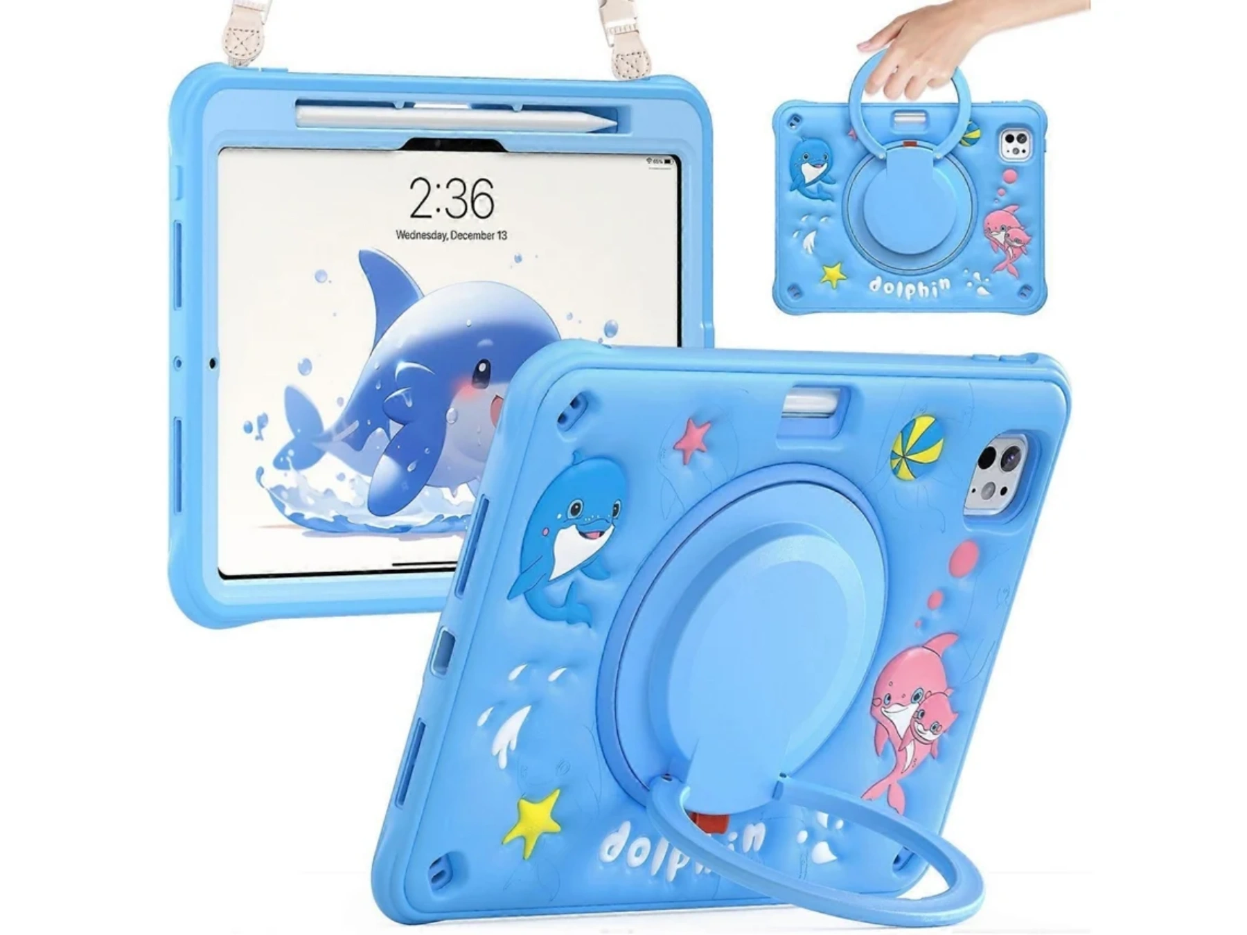 Blaue Tablet-Hülle mit Delfin-Motiv und Stifthalter.