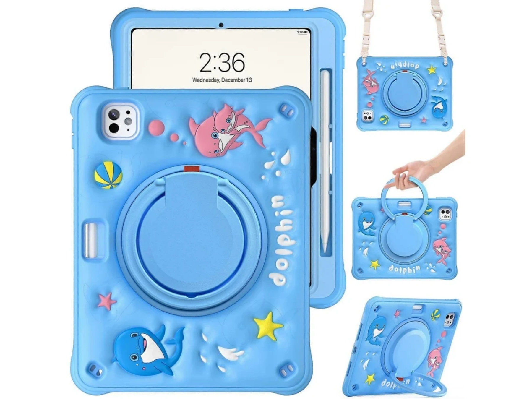 Hellblaue Tablet-Hülle mit Delfin-Motiv, Ständer und Riemen.