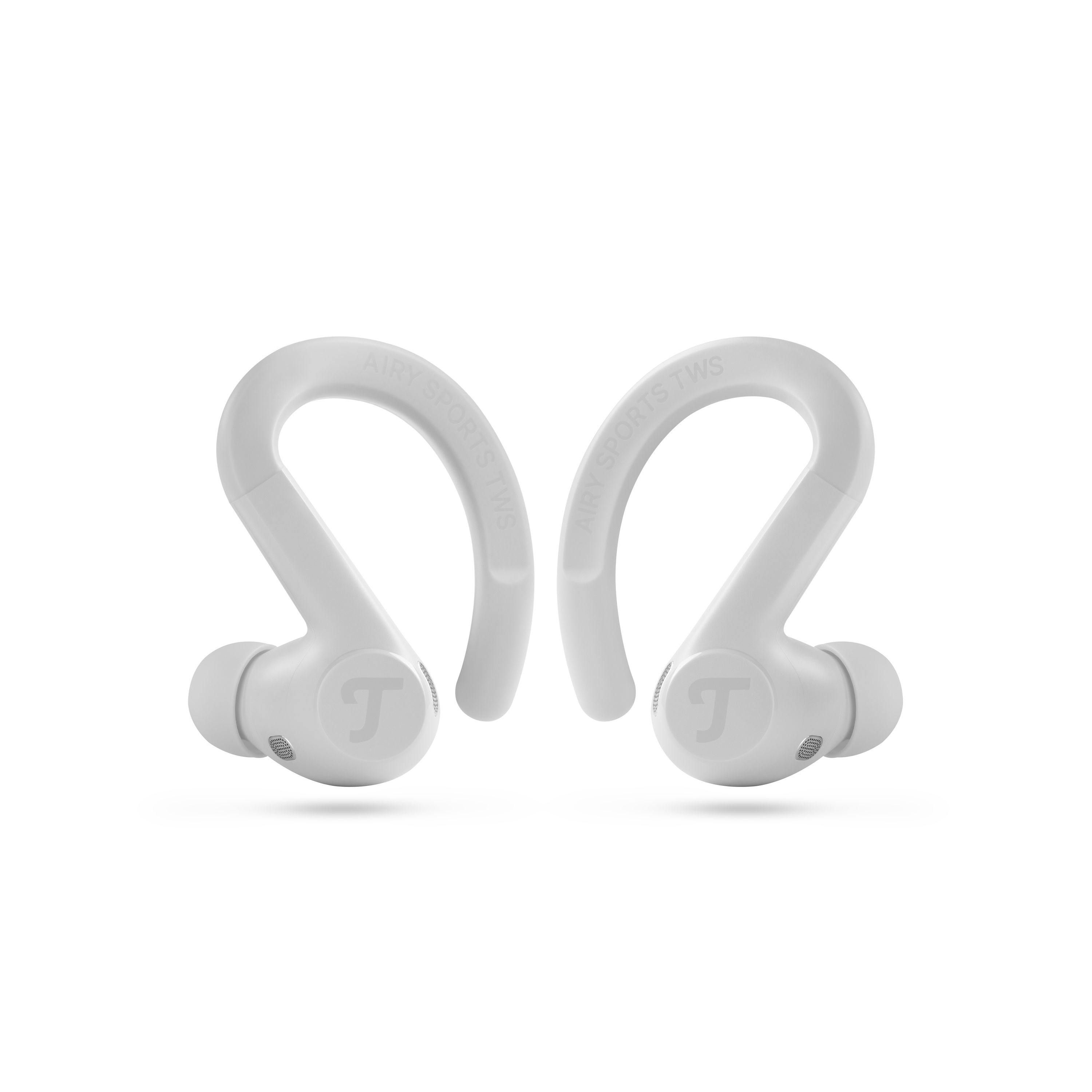 Due auricolari wireless bianchi con ganci auricolari e logo "T" su sfondo bianco.