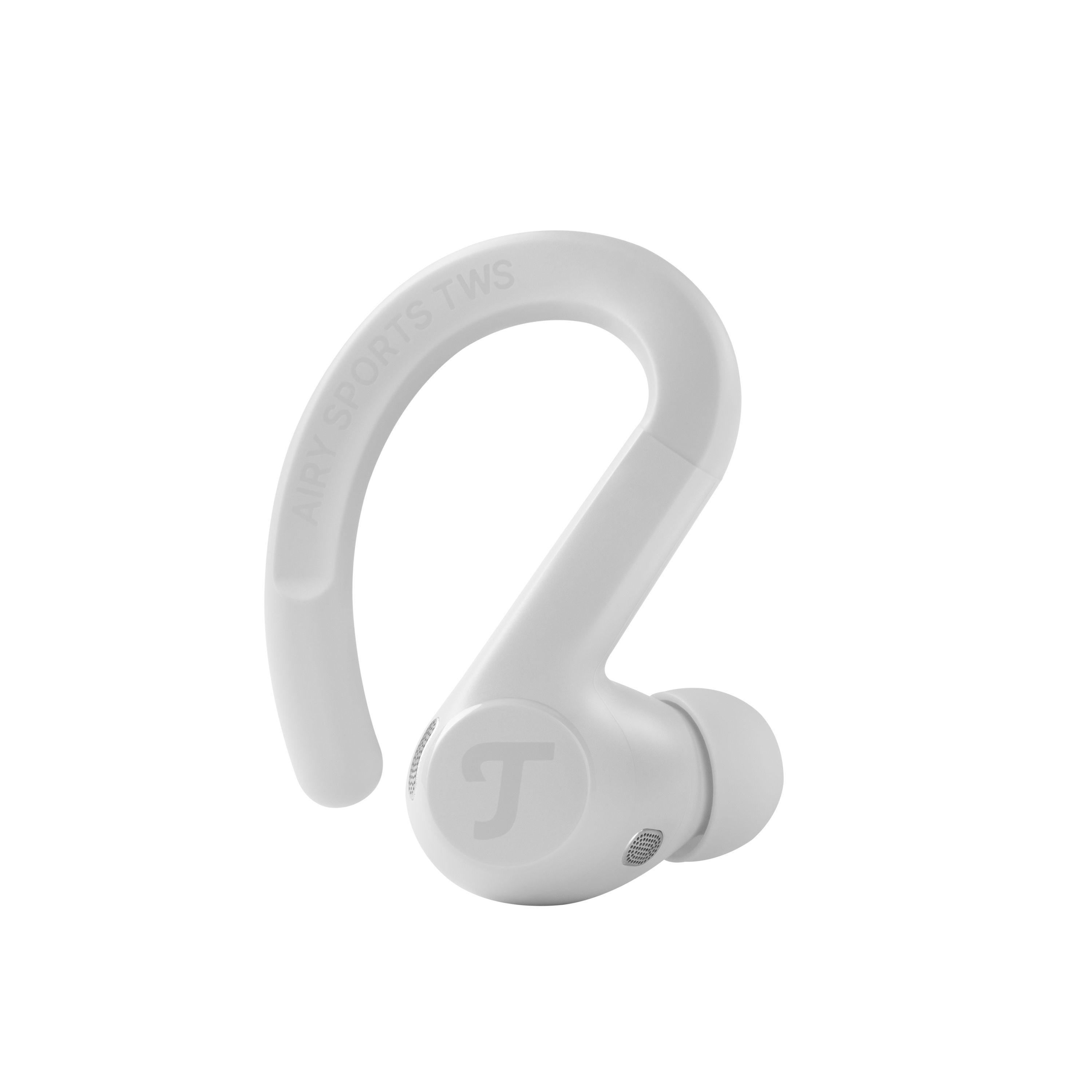 Un auricolare wireless bianco con gancio per l'orecchio.