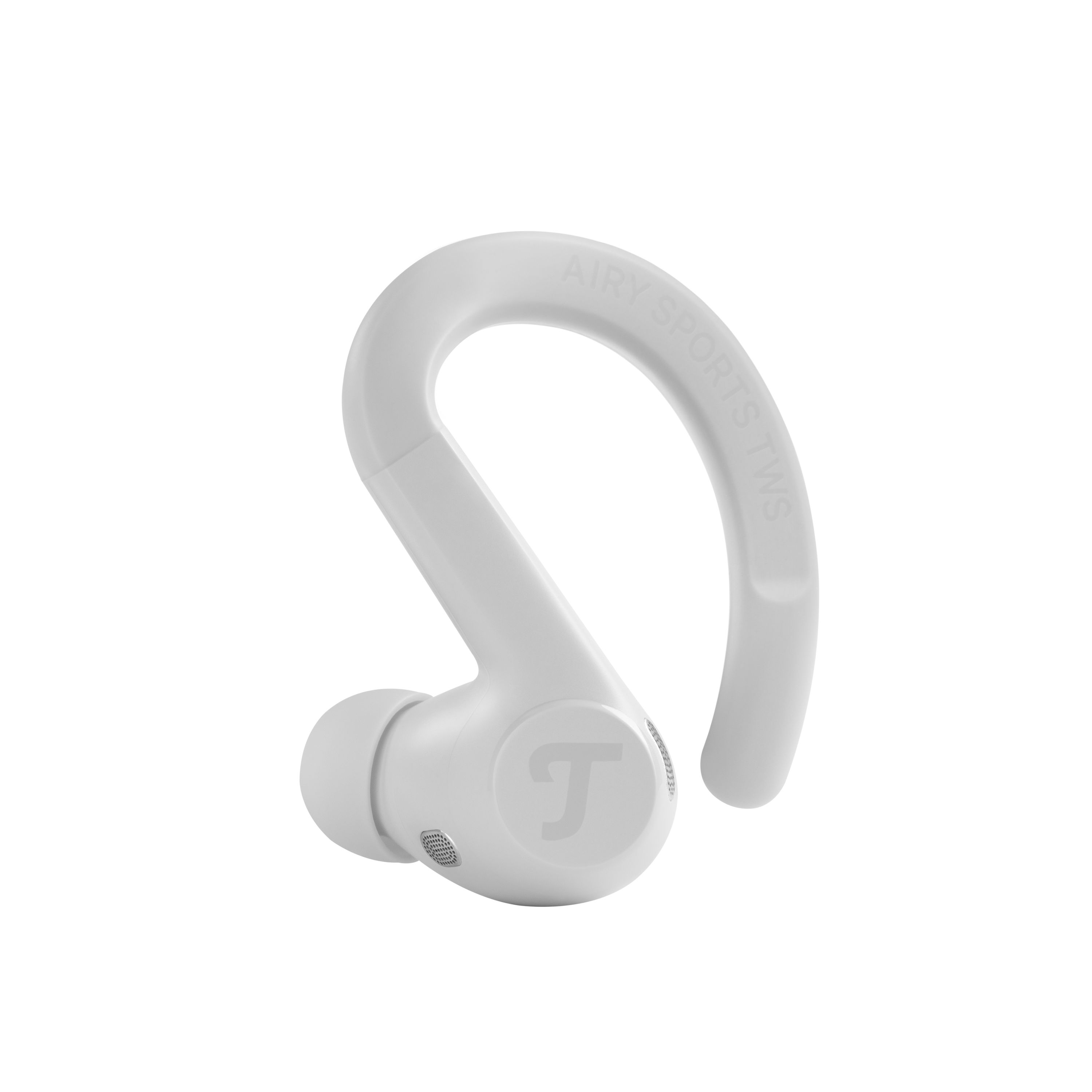 Un auricolare bianco Teufel Airy Sport TWS con gancio per l'orecchio.