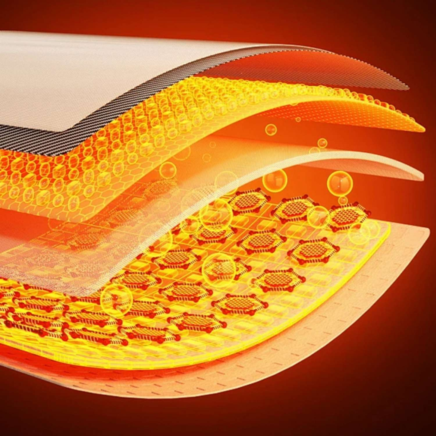 Abstrakte Schichten mit hexagonalen Strukturen und Blasen in Gelb und Orange.