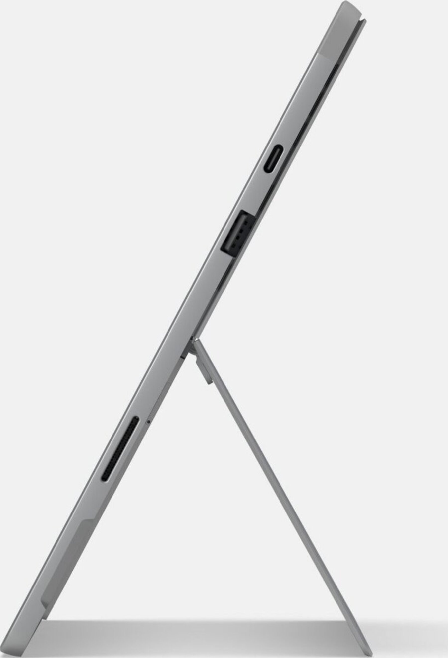 Silbernes Tablet mit ausklappbarem Ständer auf hellem Hintergrund.