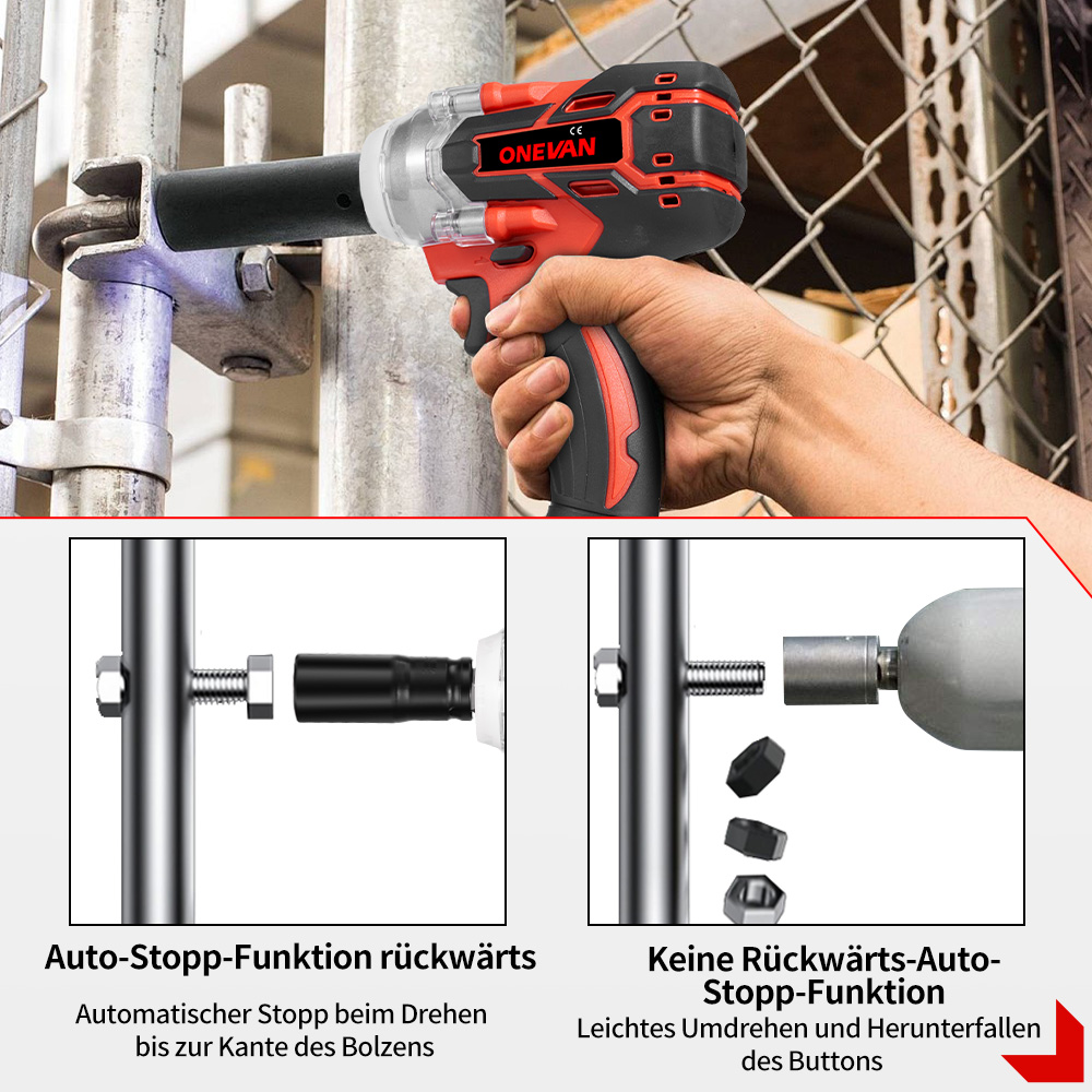 Una mano sostiene una llave de impacto inalámbrica roja y negra cerca de un poste metálico. Abajo hay dos diagramas mostrando accesorios de perno y casquillo.