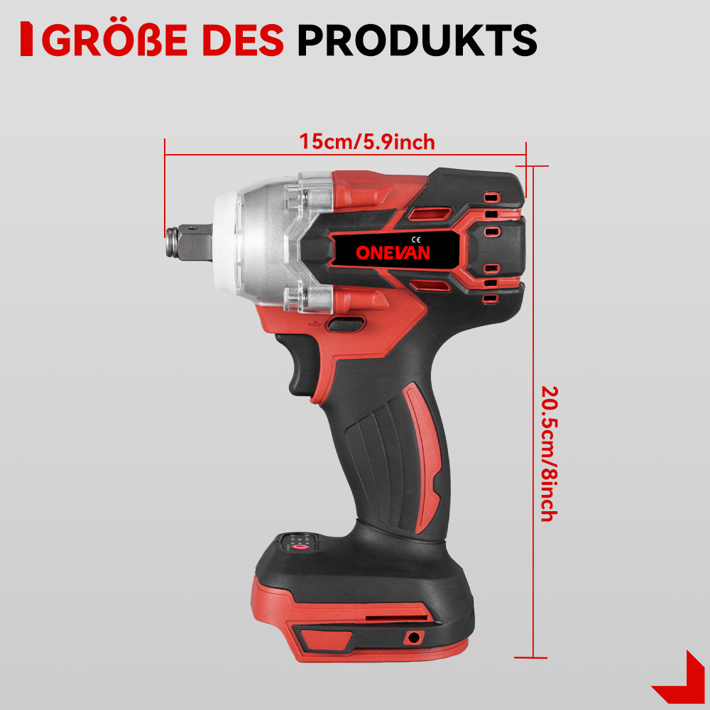 Una llave de impacto roja y negra con dimensiones de 15 cm y 20,5 cm.