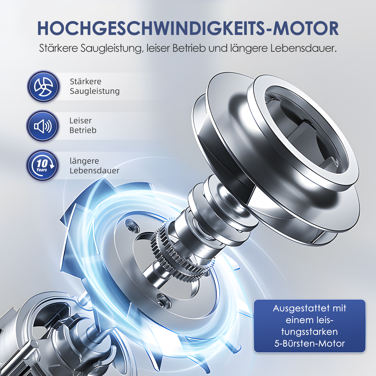 Abbildung eines Hochgeschwindigkeitsmotors mit Zahnrädern und blauem Licht.
