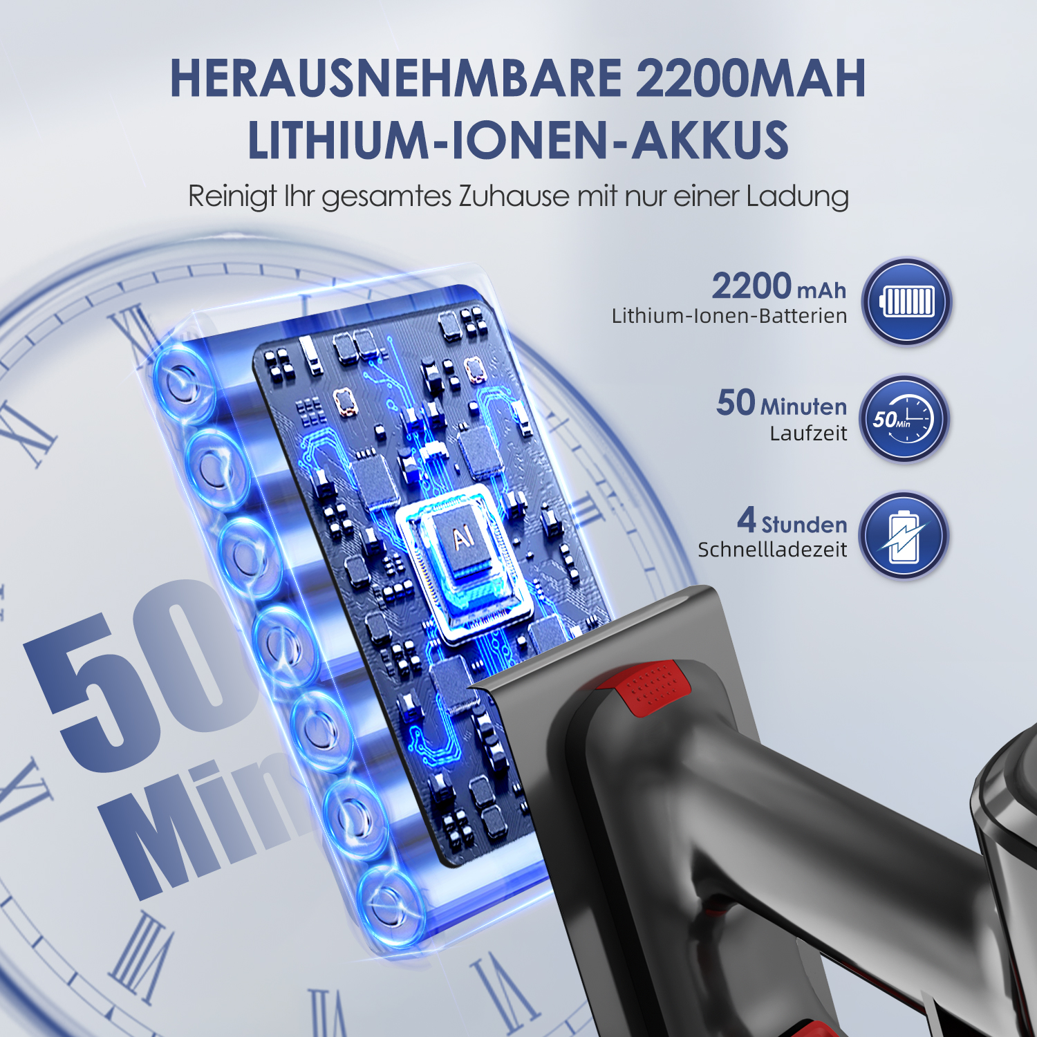 Abnehmbarer 2200mAh Akku. Reinigt Ihr Zuhause mit einer Ladung.