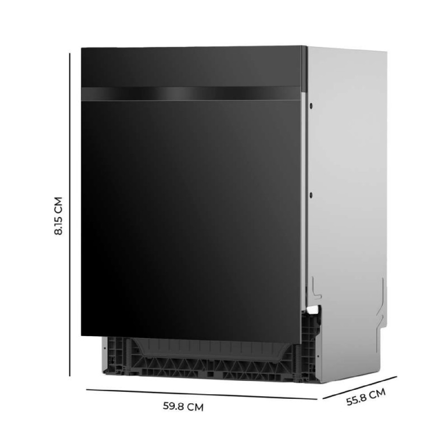 Lavastoviglie nera con fianchi argentati, misure 81,5 cm A, 59,8 cm L, 55,8 cm P.