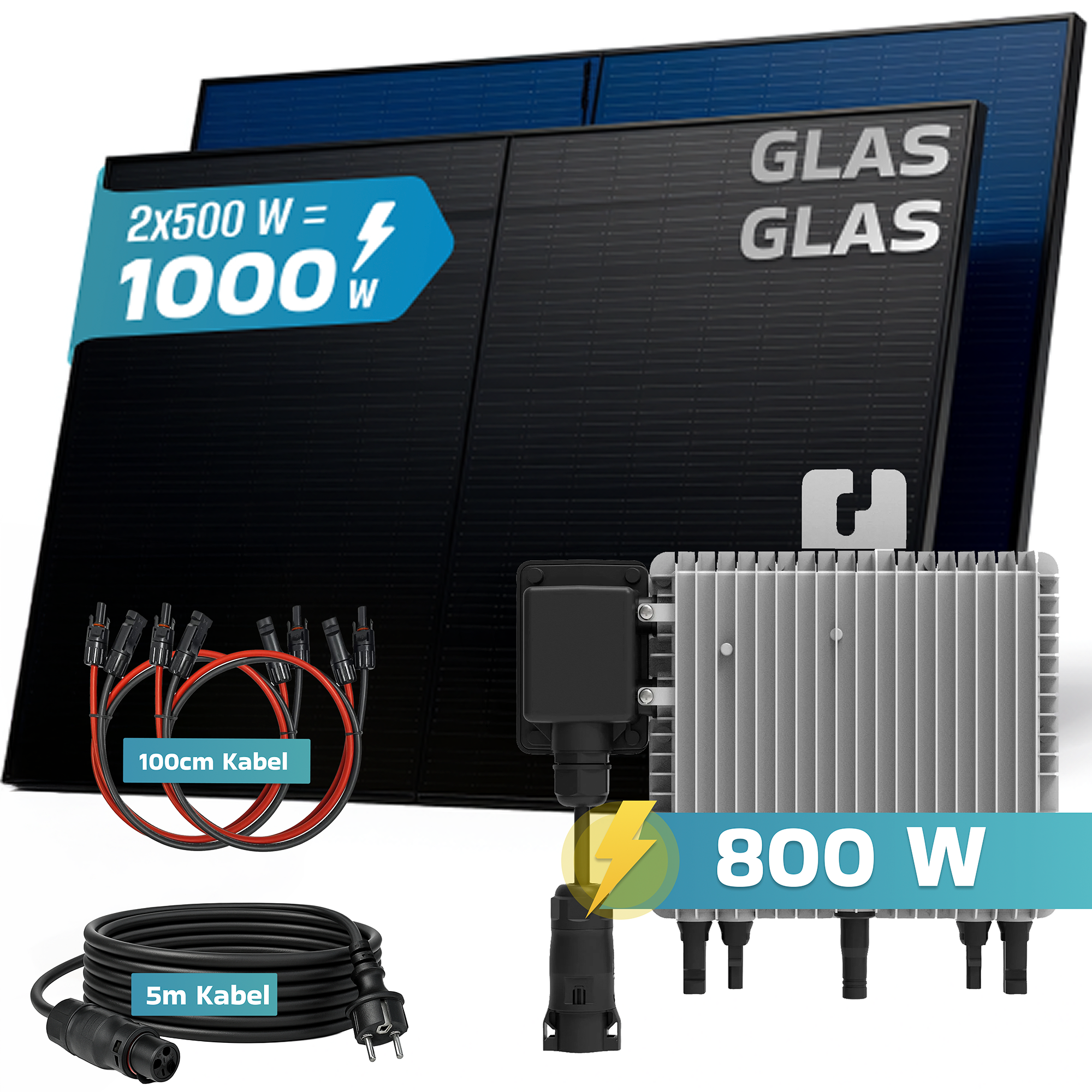 Zwei Solarmodule, ein Wechselrichter und Kabel sind abgebildet.