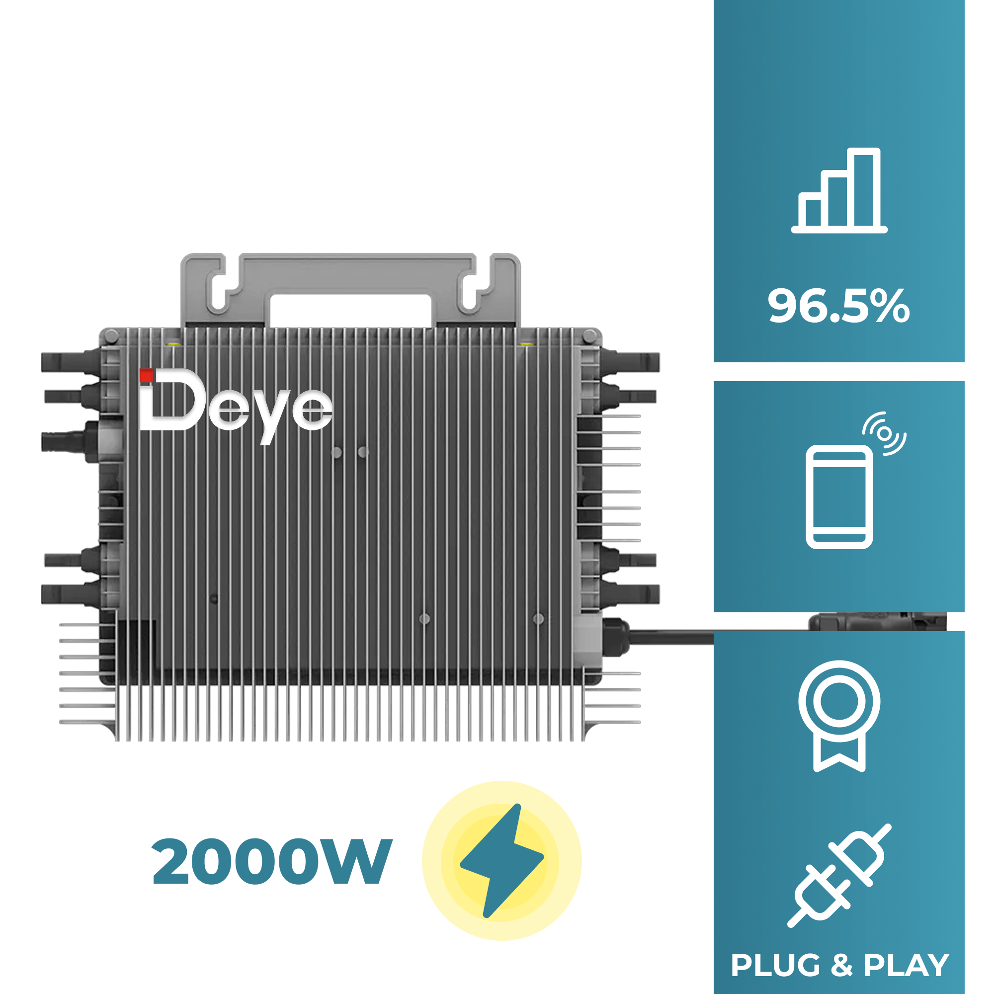 Deye Wechselrichter 2000W, 96,5% Effizienz, Handy-Symbol, Plug & Play.