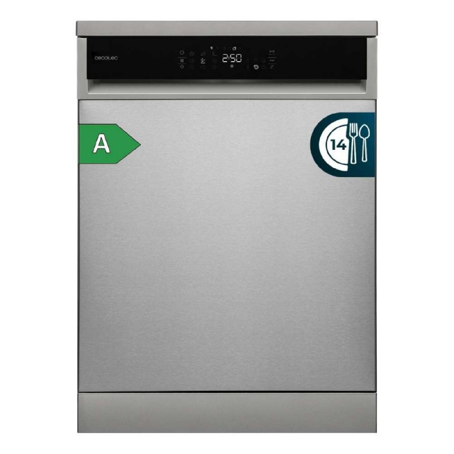 Silberne Spülmaschine mit digitaler Anzeige und Energieeffizienzlabel A.