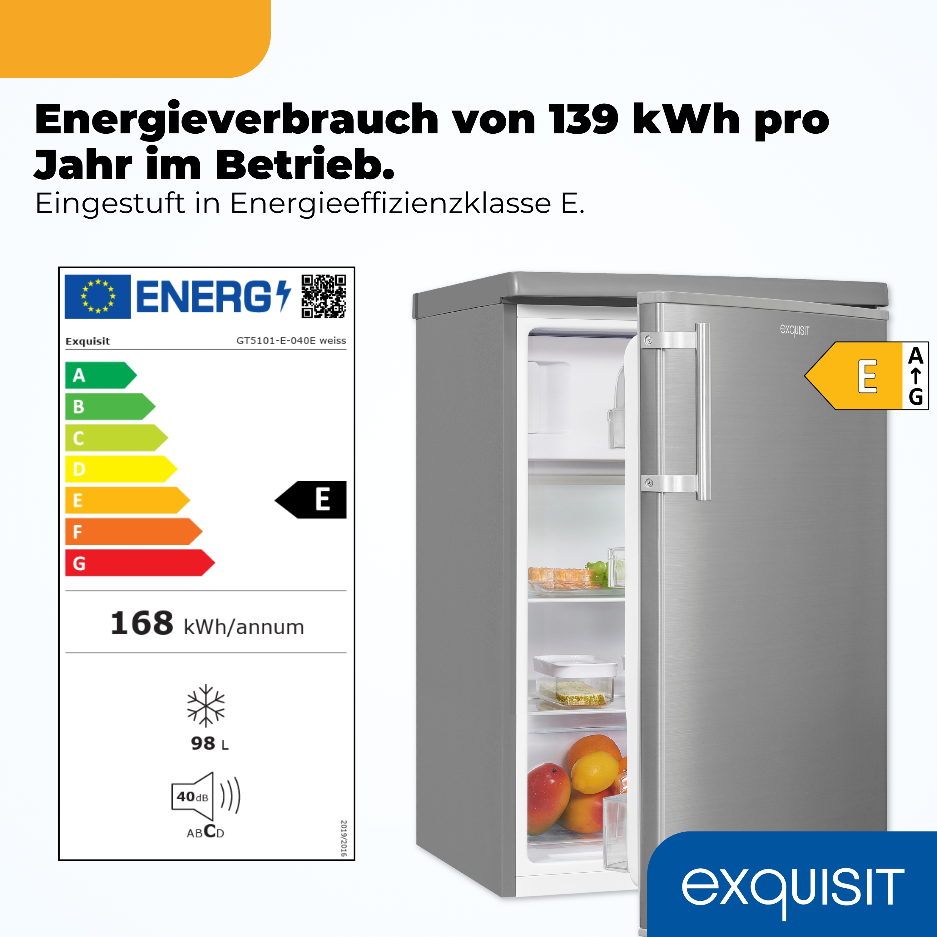 Exquisit Kühlschrank mit Energieeffizienzklasse E, 168 kWh/Jahr, 98 L, 40 dB.