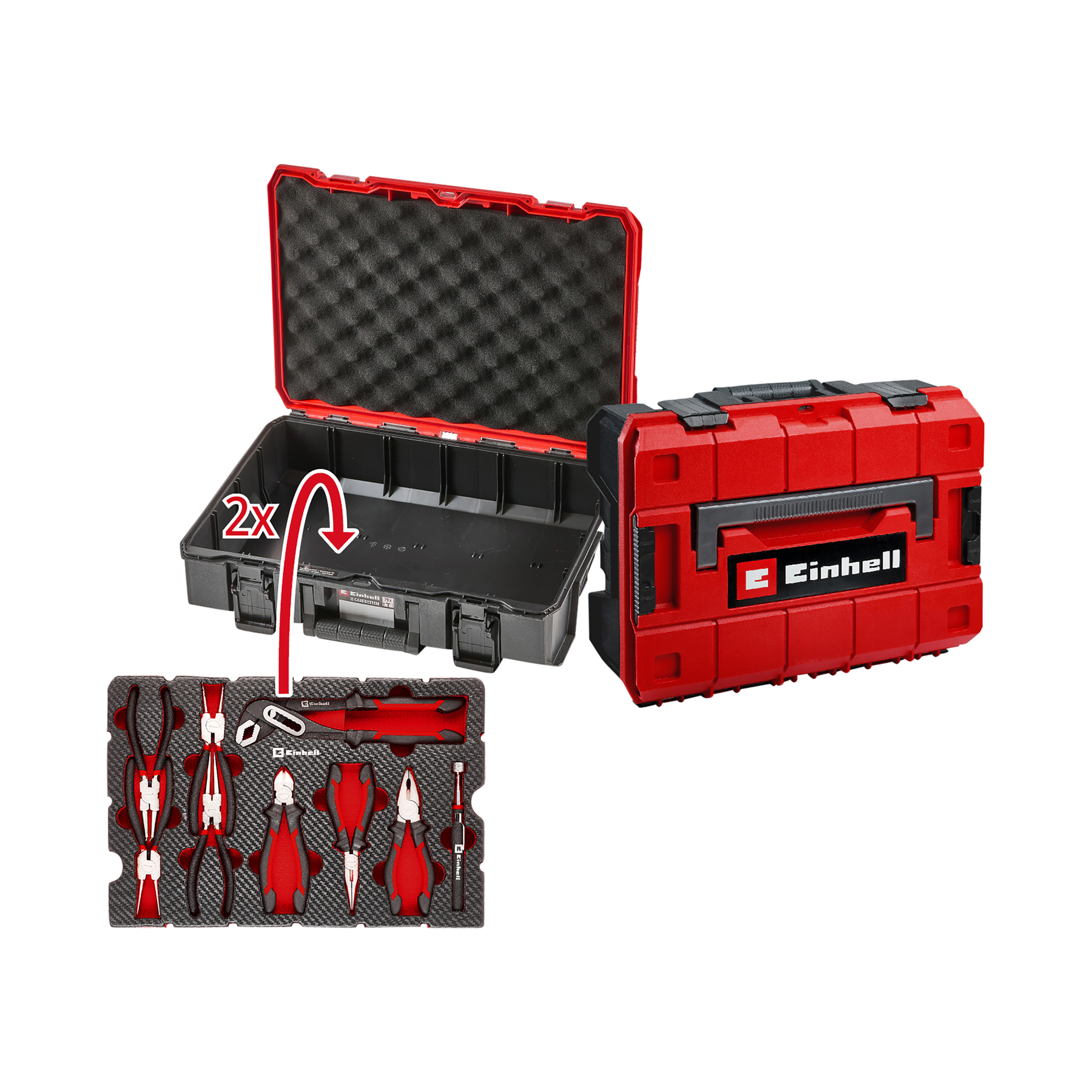 Einhell Werkzeugkoffer mit Zangen und Schraubendrehern, offen und geschlossen.