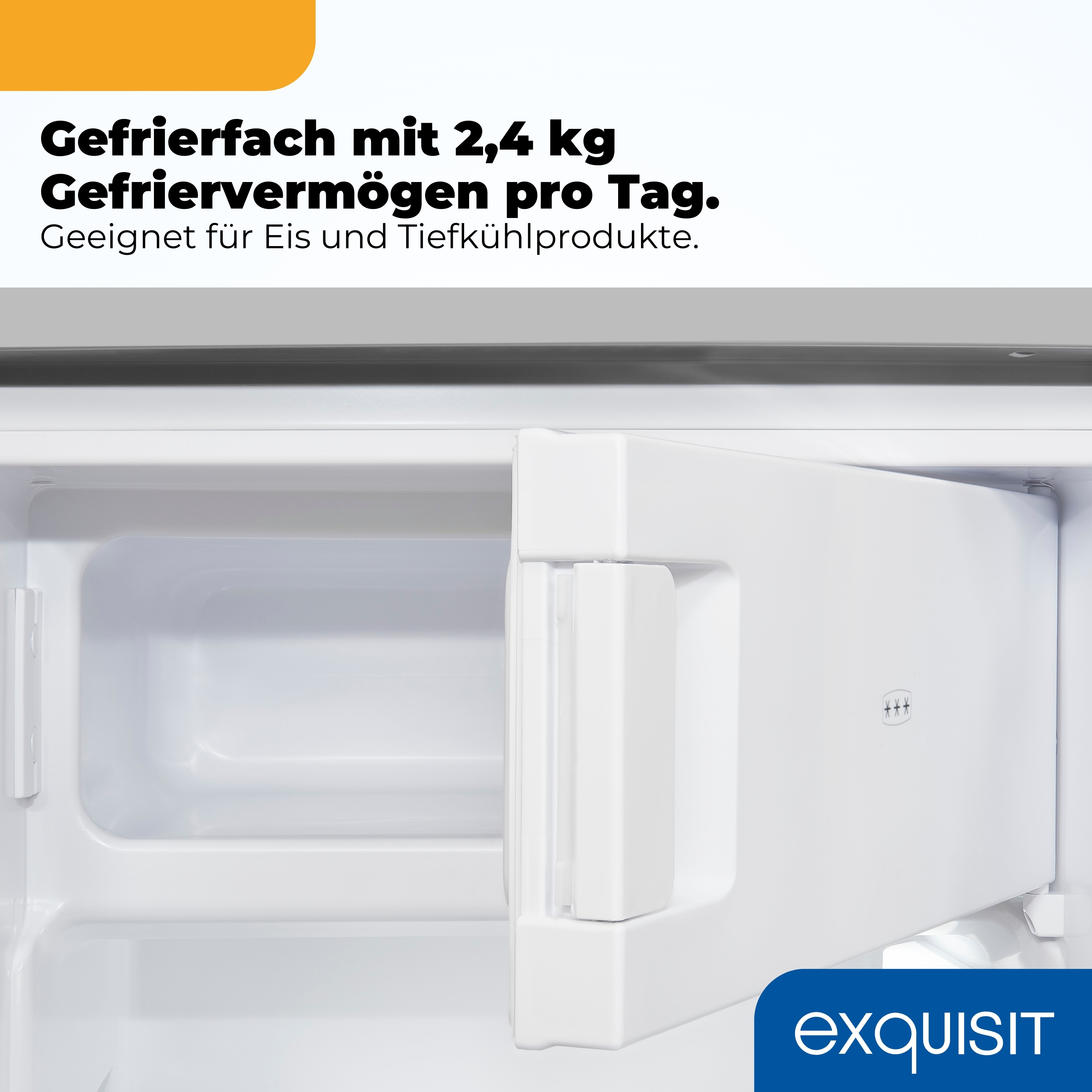 Ein weißes Gefrierfach mit 2,4 kg Gefriervermögen pro Tag.