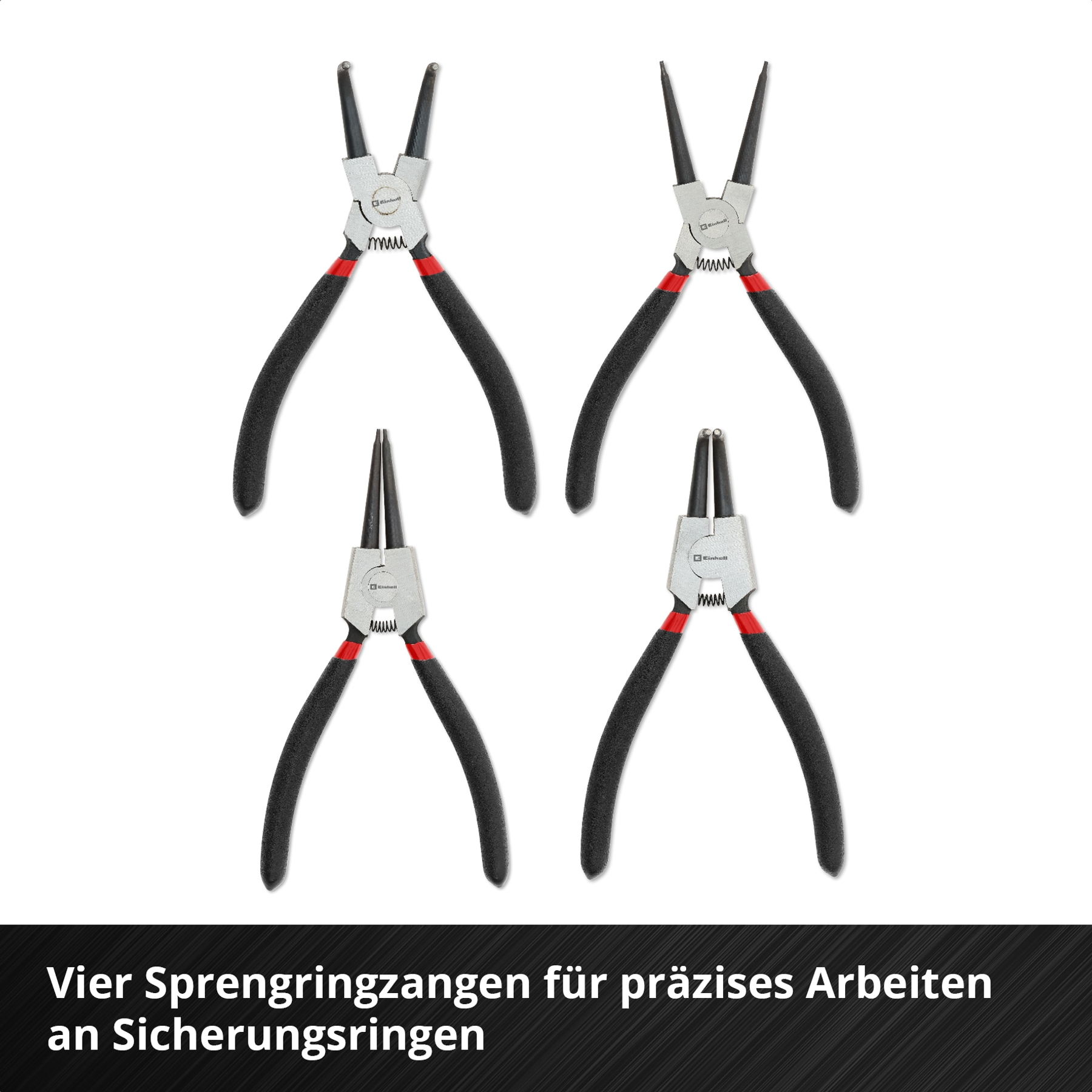 Vier Sprengringzangen mit schwarzen Griffen und roten Akzenten auf weißem Grund.