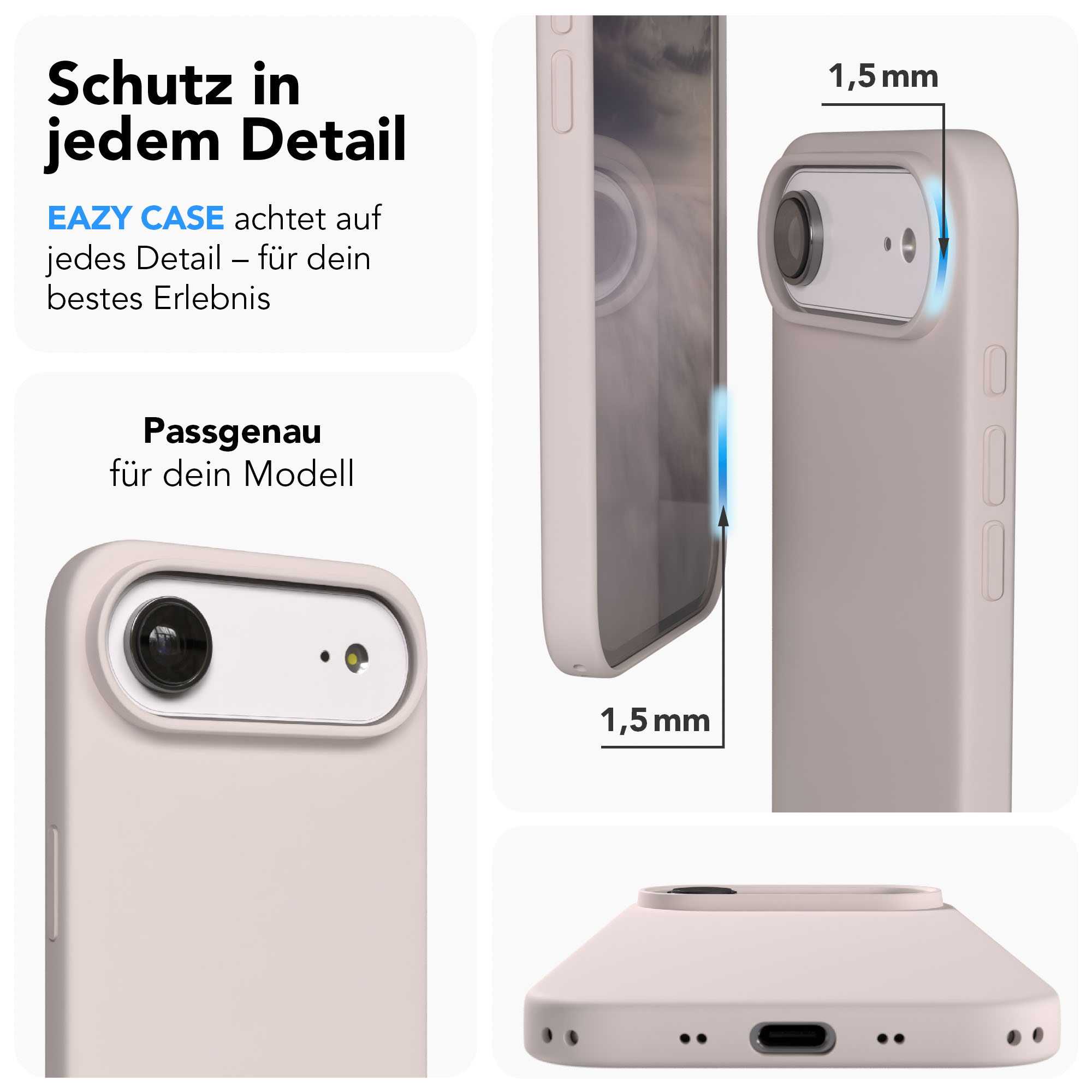 Ein hellbeiges Handycase wird gezeigt, mit Fokus auf Kamera und Dicke.