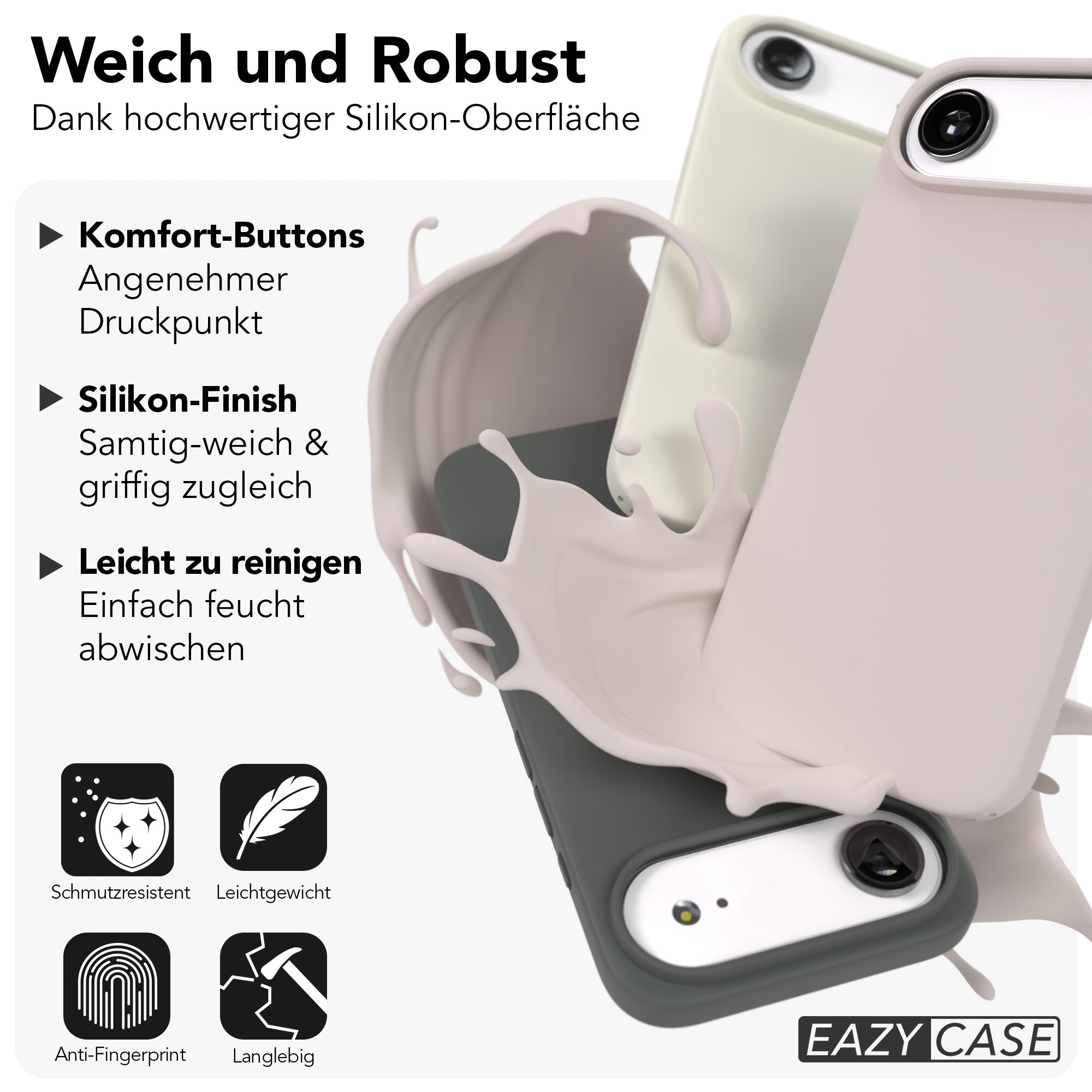 Weiche und robuste Handyhüllen in Pastellfarben mit Silikon-Finish. Icons zeigen Schutz, Leichtigkeit, Anti-Fingerabdruck und Langlebigkeit.