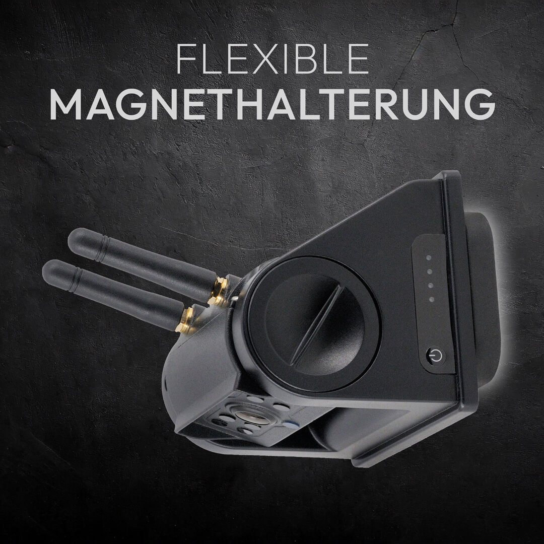 Schwarze Kamera mit Antennen, Magnetbefestigung und Ladeanzeige.