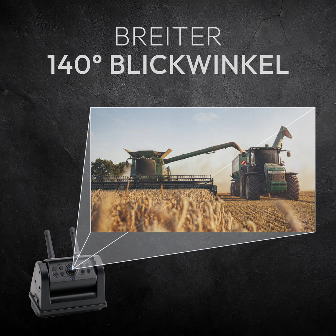 Ein Mähdrescher erntet Getreide, während ein Traktor daneben steht. 140° Blickwinkel.
