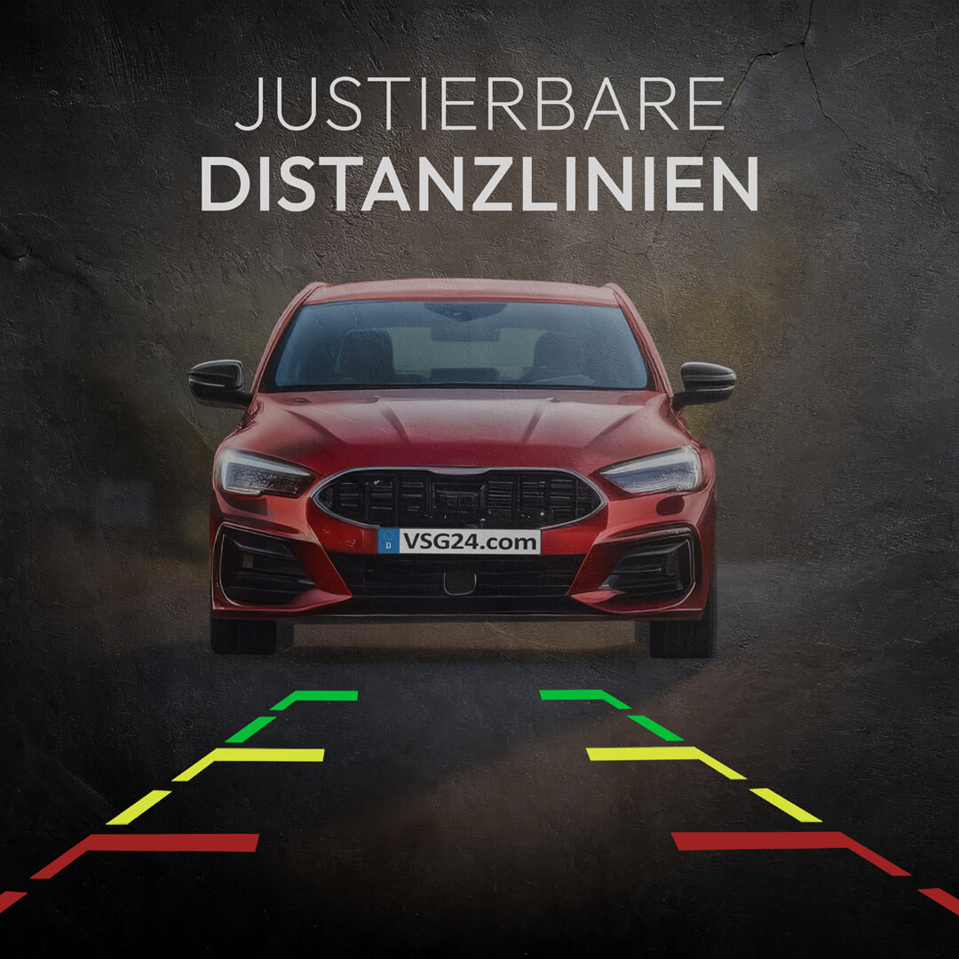 Rotes Auto mit Parklinien in Rot, Gelb und Grün auf dunklem Grund.