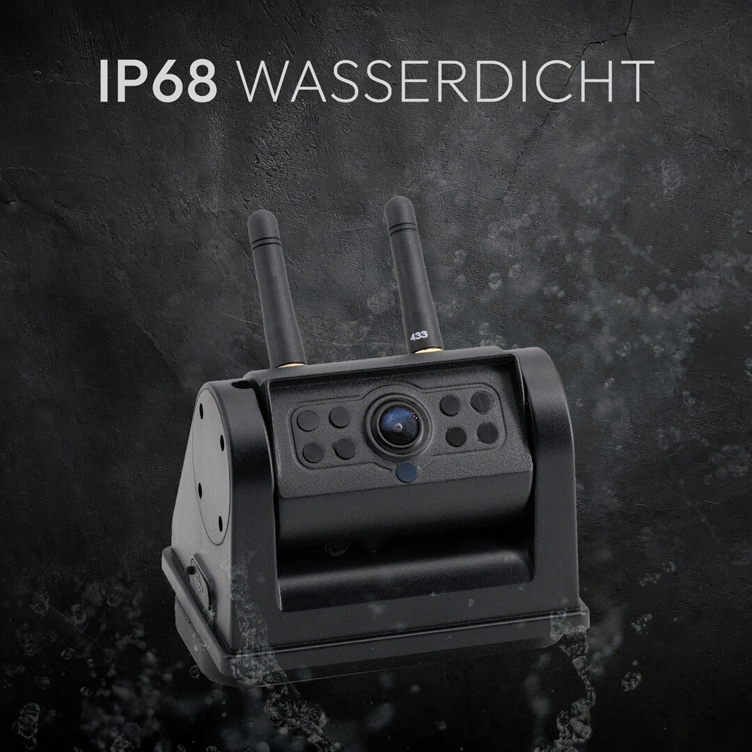 Schwarze wasserdichte Kamera mit zwei Antennen und der Aufschrift IP68 WASSERDICHT.