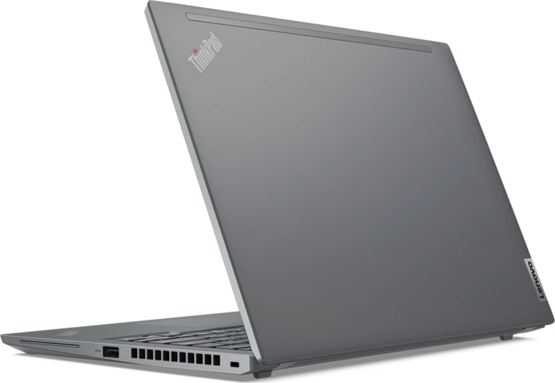 Grauer Lenovo ThinkPad Laptop mit offenem Deckel, Tastatur sichtbar.