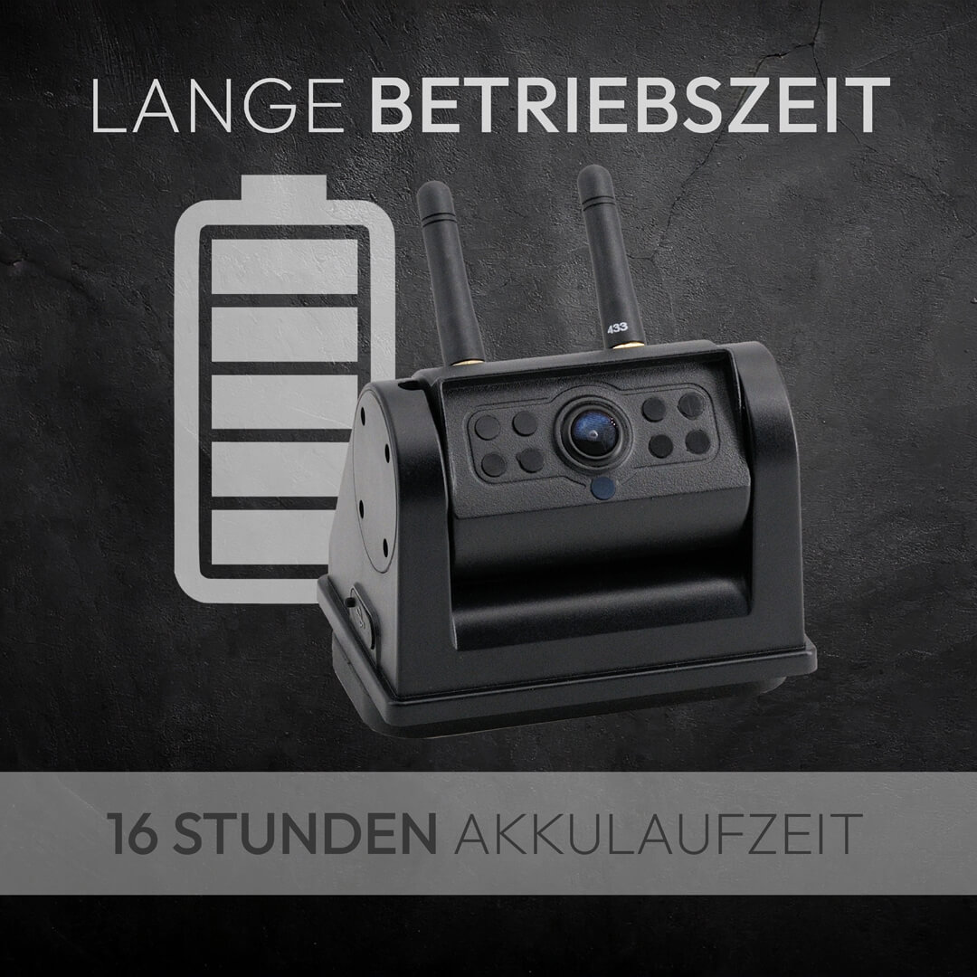 Eine schwarze Kamera mit zwei Antennen neben einem Batteriesymbol.