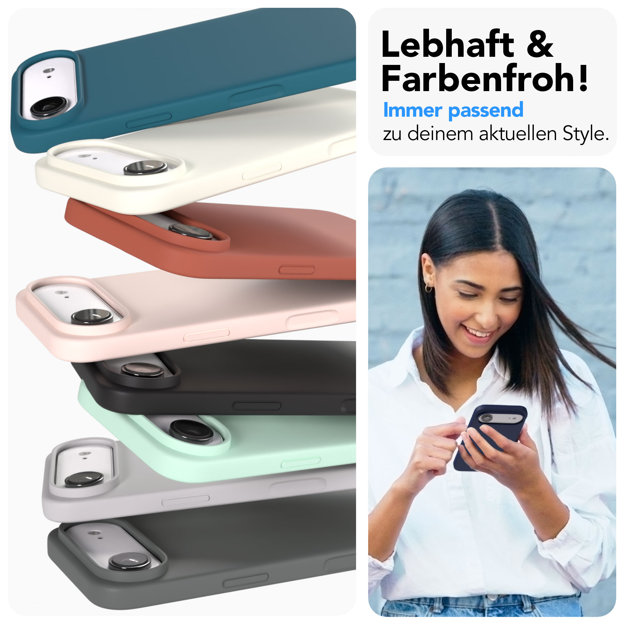 Stapel bunter Handyhüllen neben einer lächelnden Frau mit Handy.