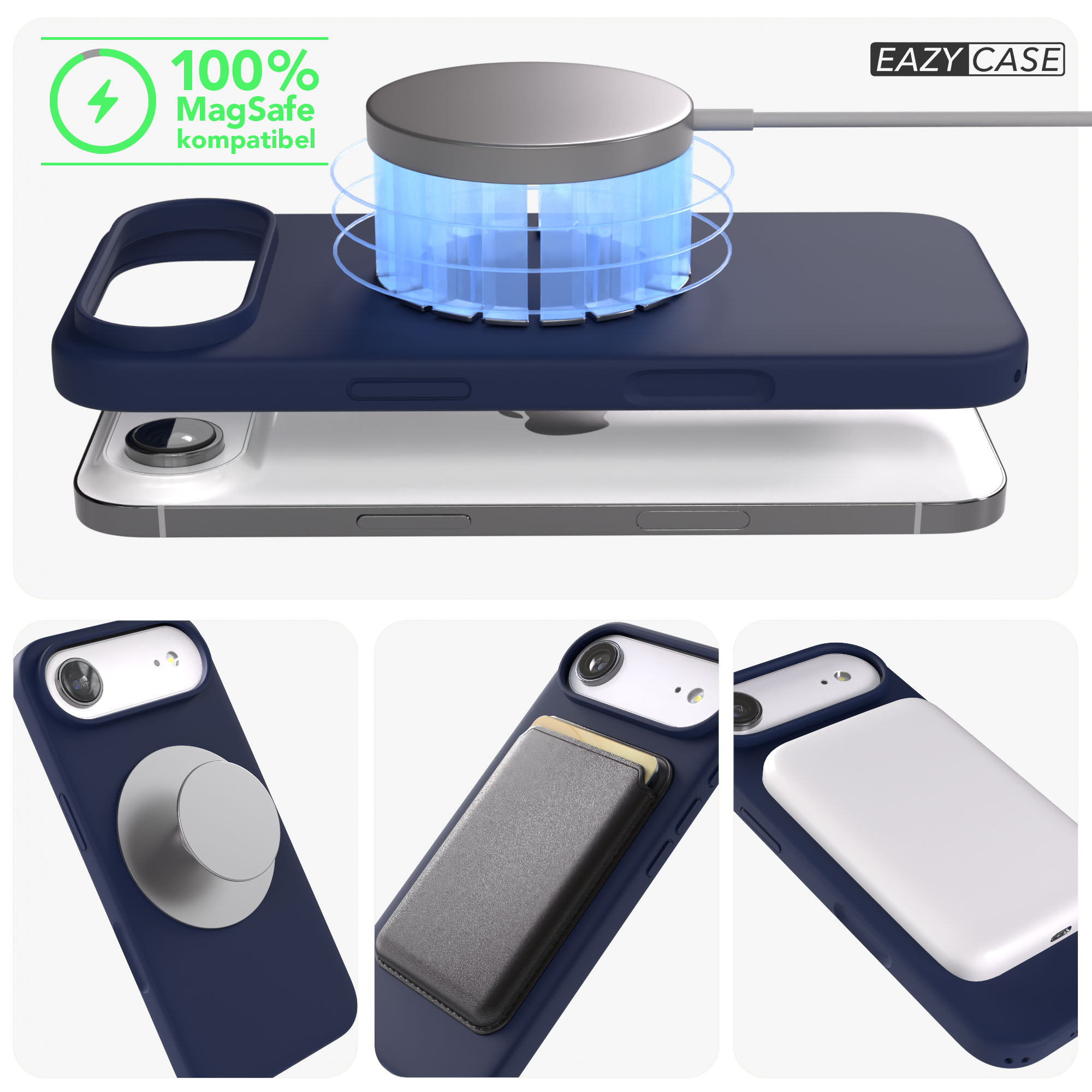 Ein dunkelblaues Handy mit MagSafe-Ladegerät und Zubehör.