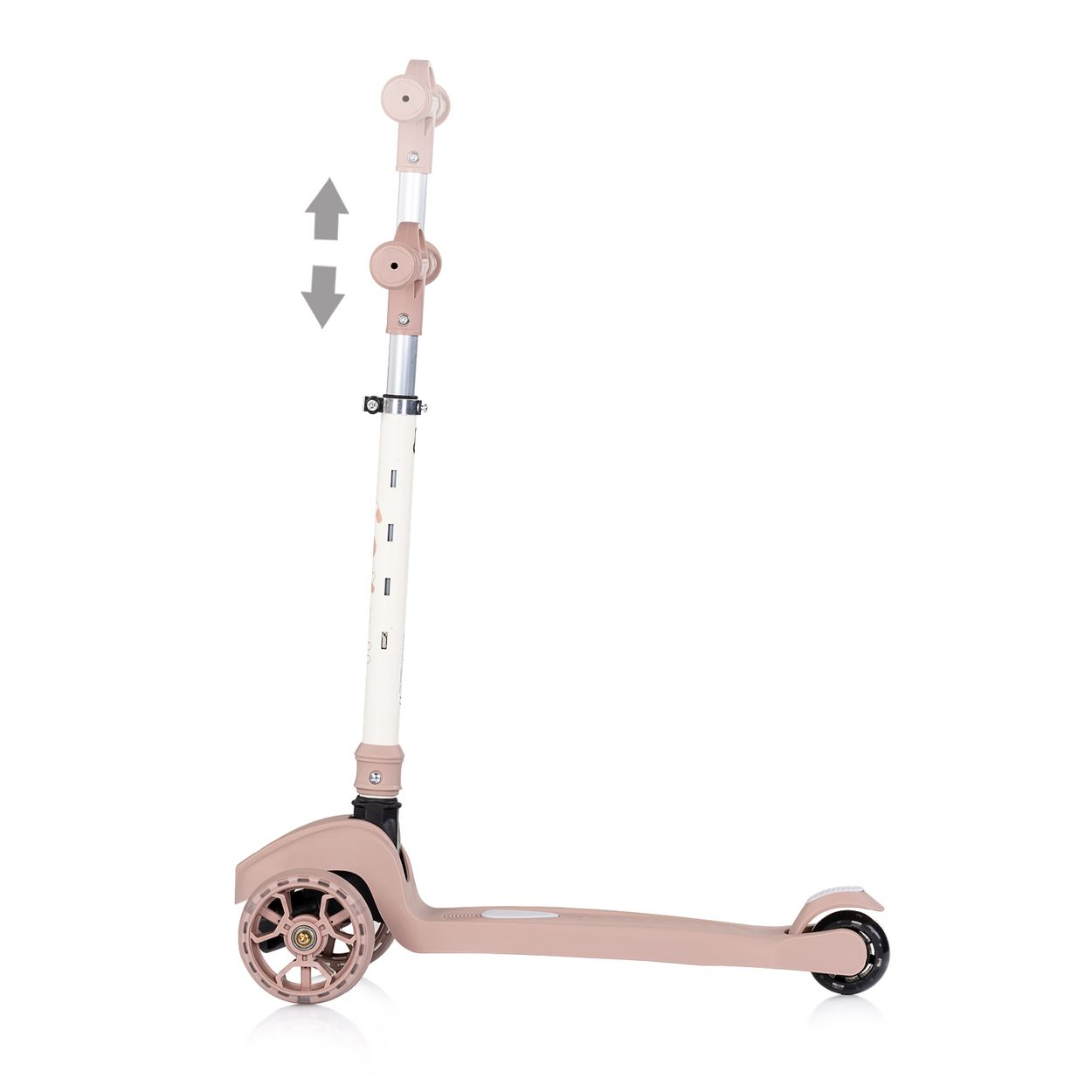 Ein rosafarbener Roller mit verstellbarem Lenker und Pfeilen, die Auf- und Abbewegung anzeigen.