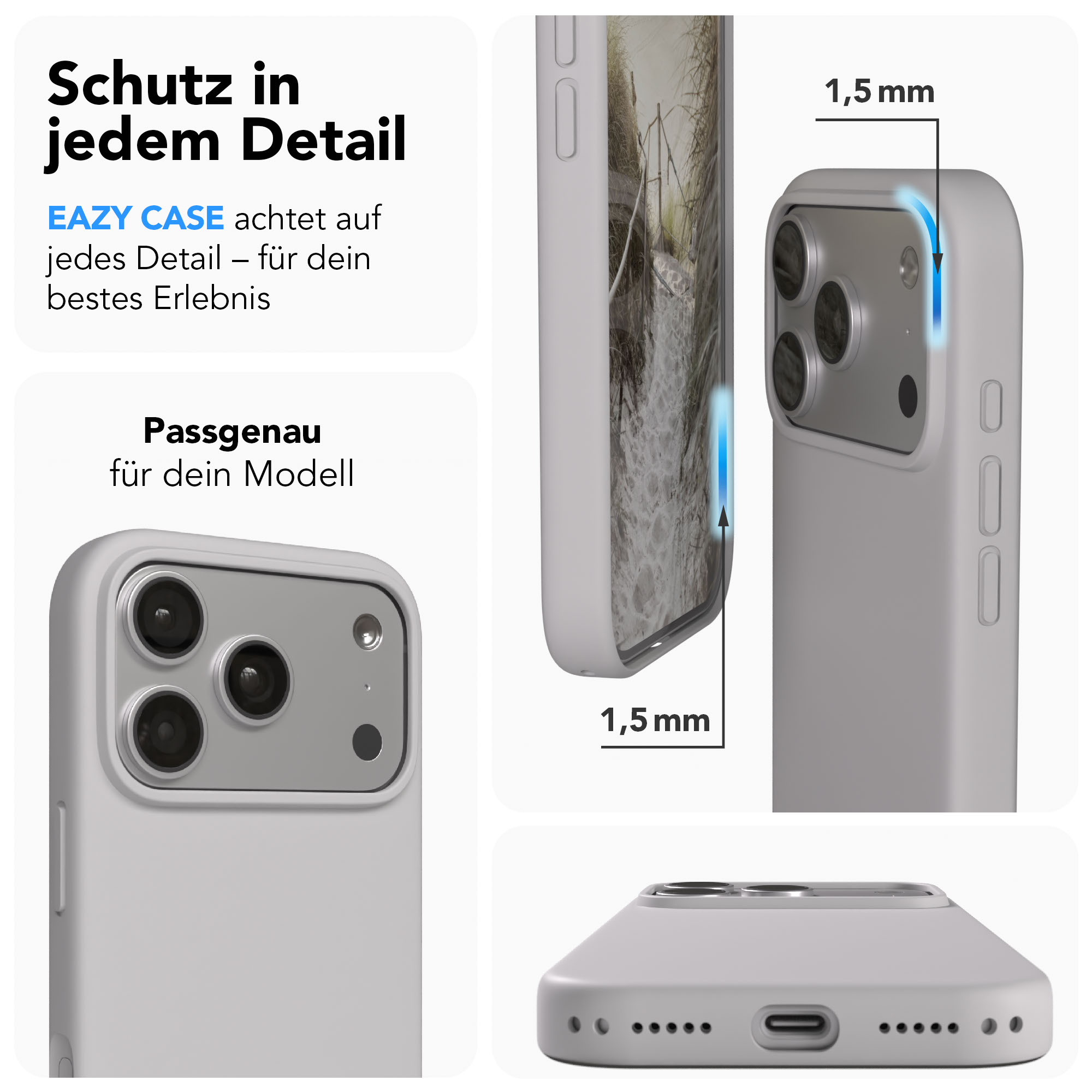 Graue Handyhülle zeigt 1,5mm Kanten und Kameraloch.