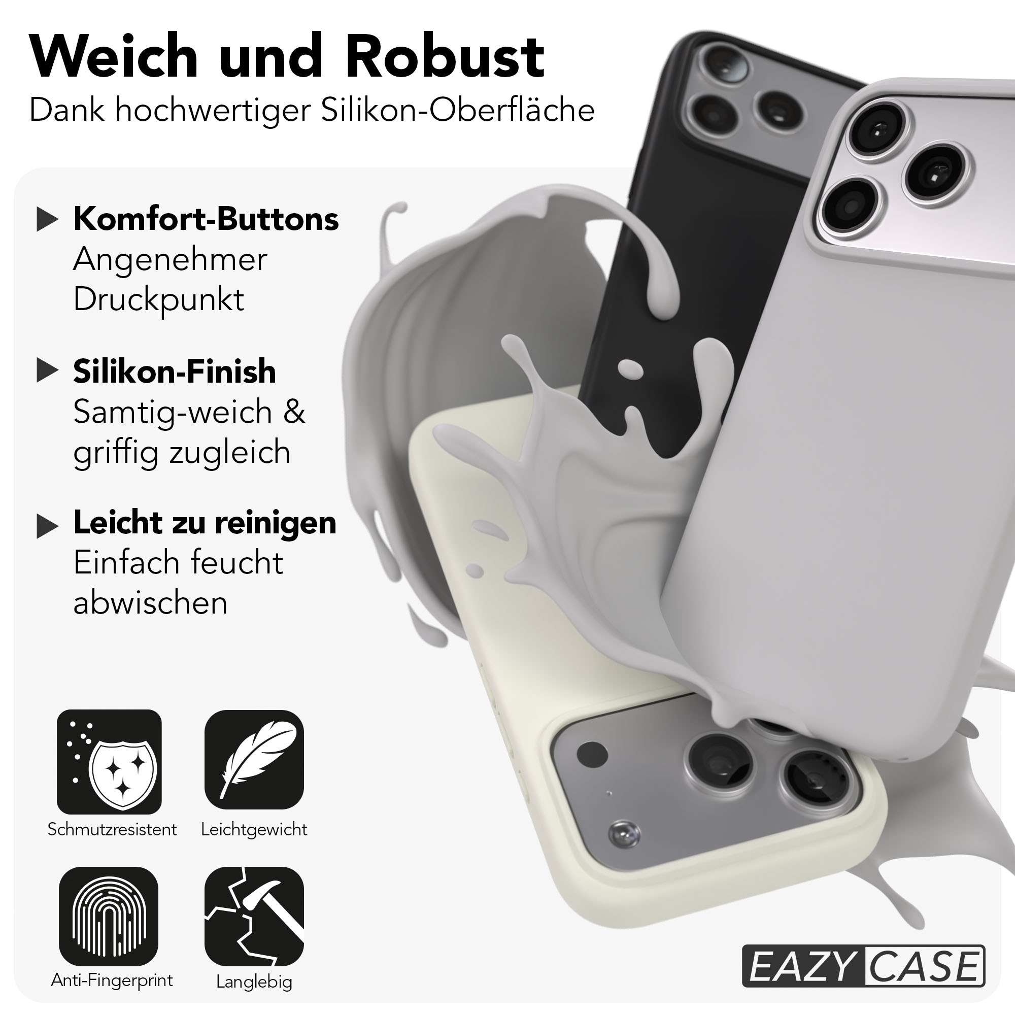 Drei Handyhüllen in Schwarz, Hellgrau und Beige, umgeben von einer weißen Flüssigkeitsspritzermischung.